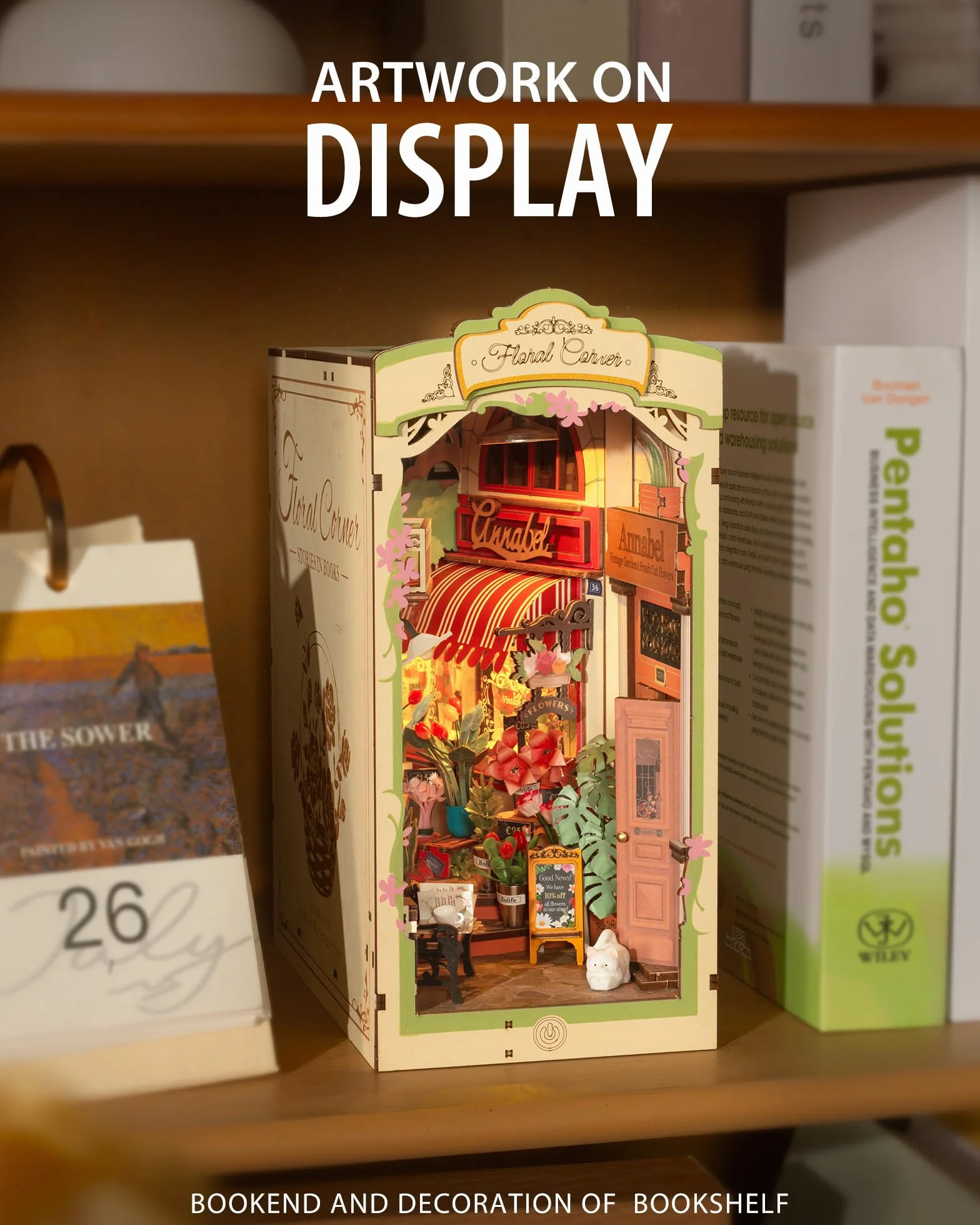 Rolife Zestaw Book Nook Kwiatowy Zakamarek z lampkami LED DIY Miniaturowy Zestaw Domku Drewniane Puzzle 3D dla Dorosłych do Budowania Dekoracja Półki na Książki Prezent na Boże Narodzenie i Urodziny