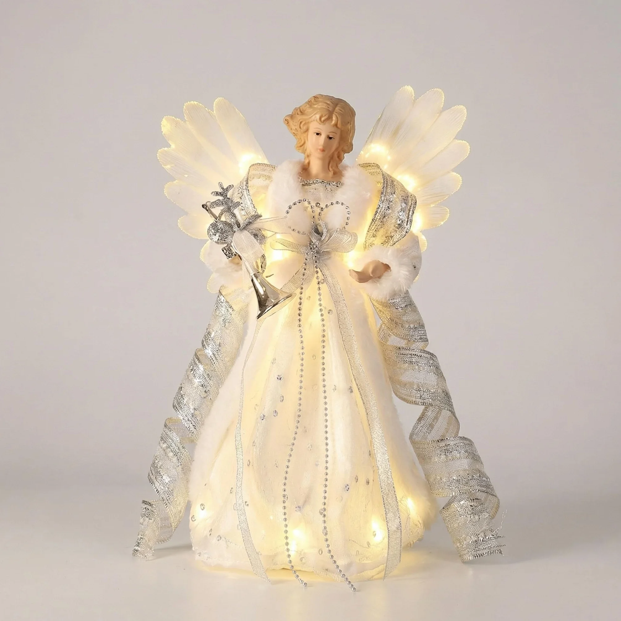 Valery Madelyn Ozdoba choinkowa z aniołem bożonarodzeniowym, srebrna i biała figurka z ciepłymi diodami LED, zasilana bateriami, do dekoracji choinki, 26 cm