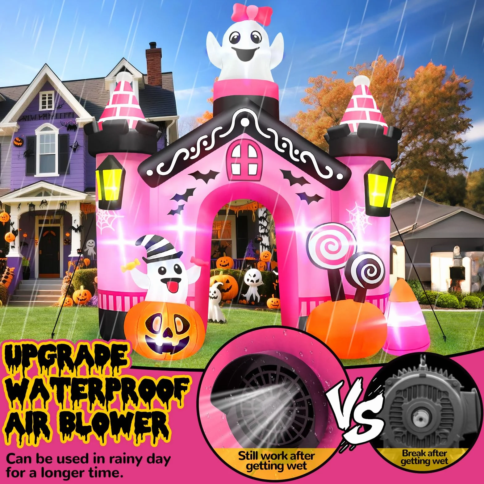 Kalolary 11FT Nadmuchiwany łuk w kształcie zamku wysokości Halloween dekoracja zewnętrzna, gigantyczny różowy łuk z uroczą dynią i duchem na imprezę halloweenową, na zewnątrz, do ogrodu, na trawnik