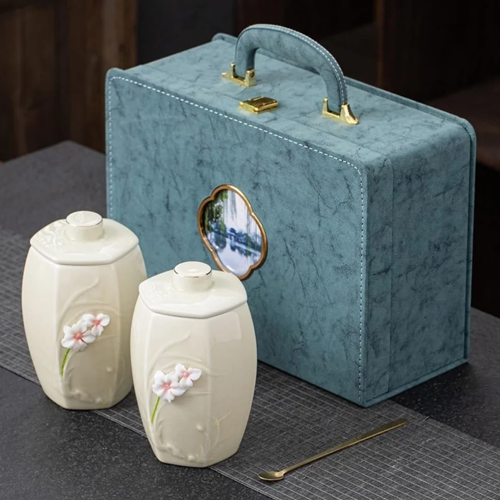 LYGSWDB Pojemnik na herbatę ceramiczny pojemnik do przechowywania herbaty luzem słoik domowa kuchnia szczelnie zamknię słoik okrągły pusty słoik zestaw do herbaty podwójny słoik zestaw upominkowy