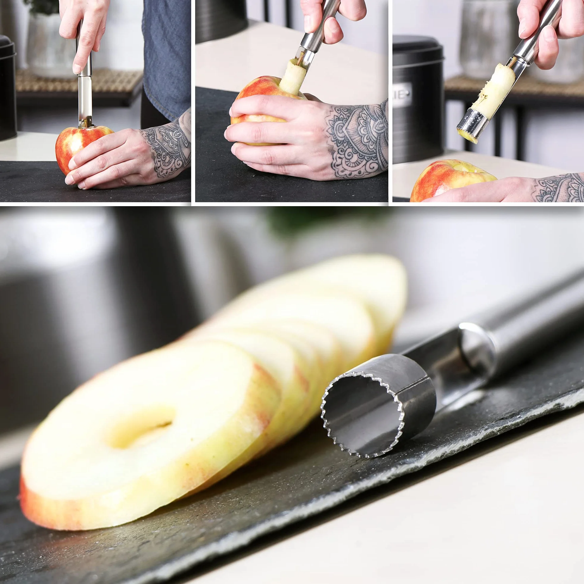 COM-FOUR® 2x zagryzarki do jablek wykonane ze stali nierdzewnej, praktyczny zagluszacz z petla do zawieszania, usuwa rdzen, do pieczonych jablek i nie tylko (002 sztuk - ogryzek do jablek - srebrny)