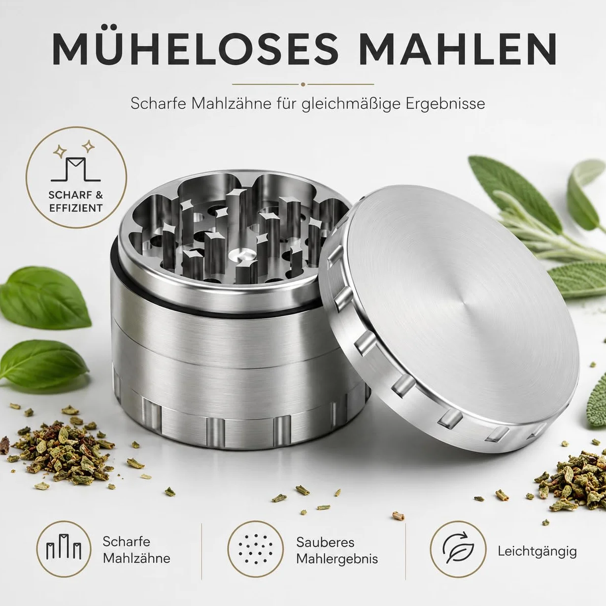Młynek ze stali nierdzewnej Premium Crusher | 4-częściowy | stalowy młynek do ziół | Ø 63 mm | w zestawie pokrowiec ochronny z zamkiem błyskawicznym, skrobak do pyłków, pędzel i ustnik