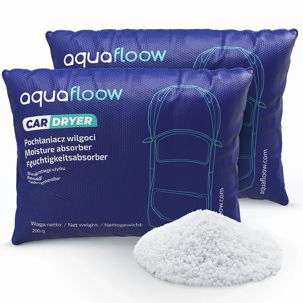 Aquafloow 2x Osuszacz powietrza do samochodu, wielokrotnego użytku, ochrona przed zaparowaniem, do wielokrotnego użytku, poduszka do osuszania zaparowanych szyb samochodowych (2x 0,2 kg)