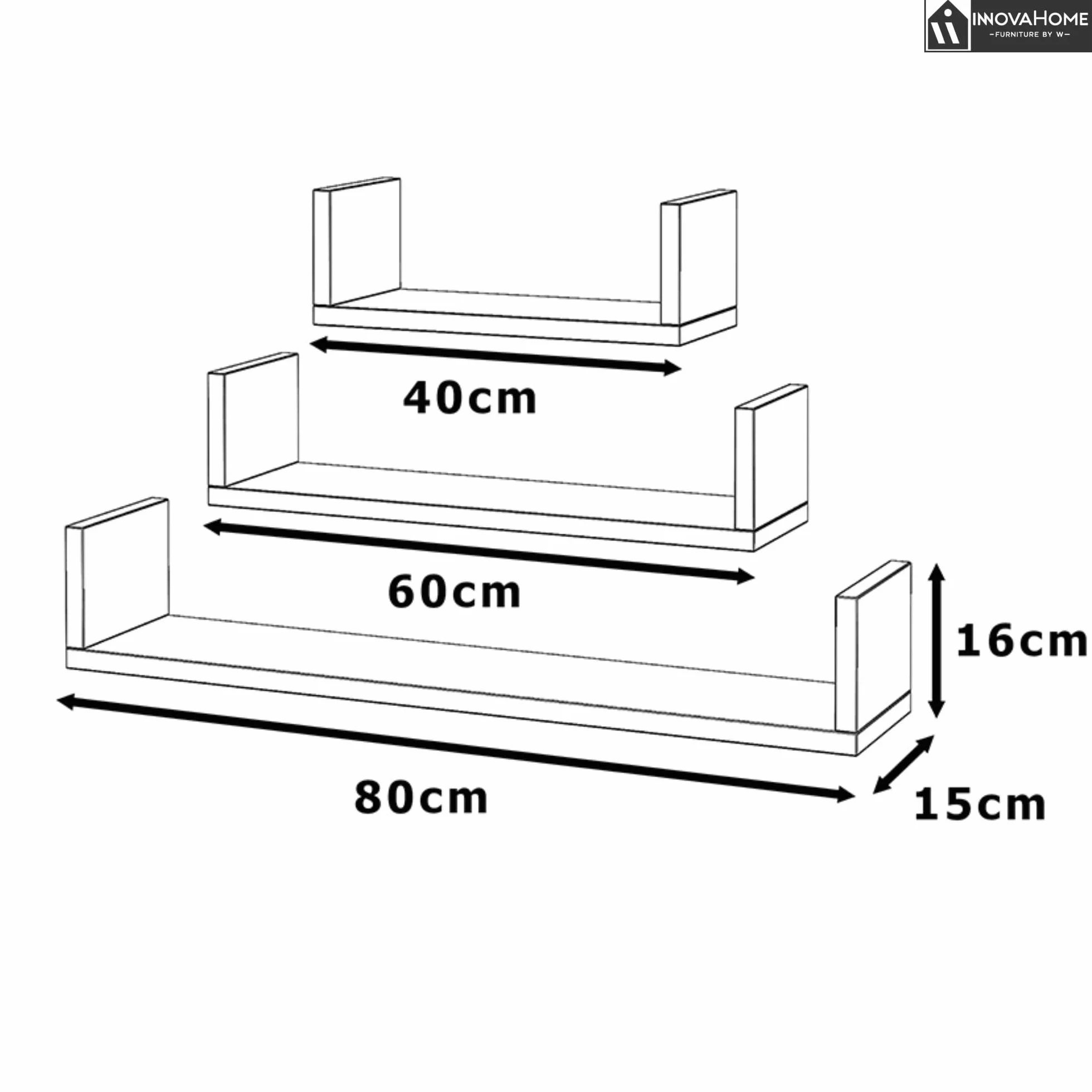INNOVAHOME Regał ścienny, biały, zestaw 3 sztuk (80/60/40 cm) – regał wiszący w kształcie litery U, płyta 18 mm, niewidoczny montaż, półka ścienna i regał na książki do salonu