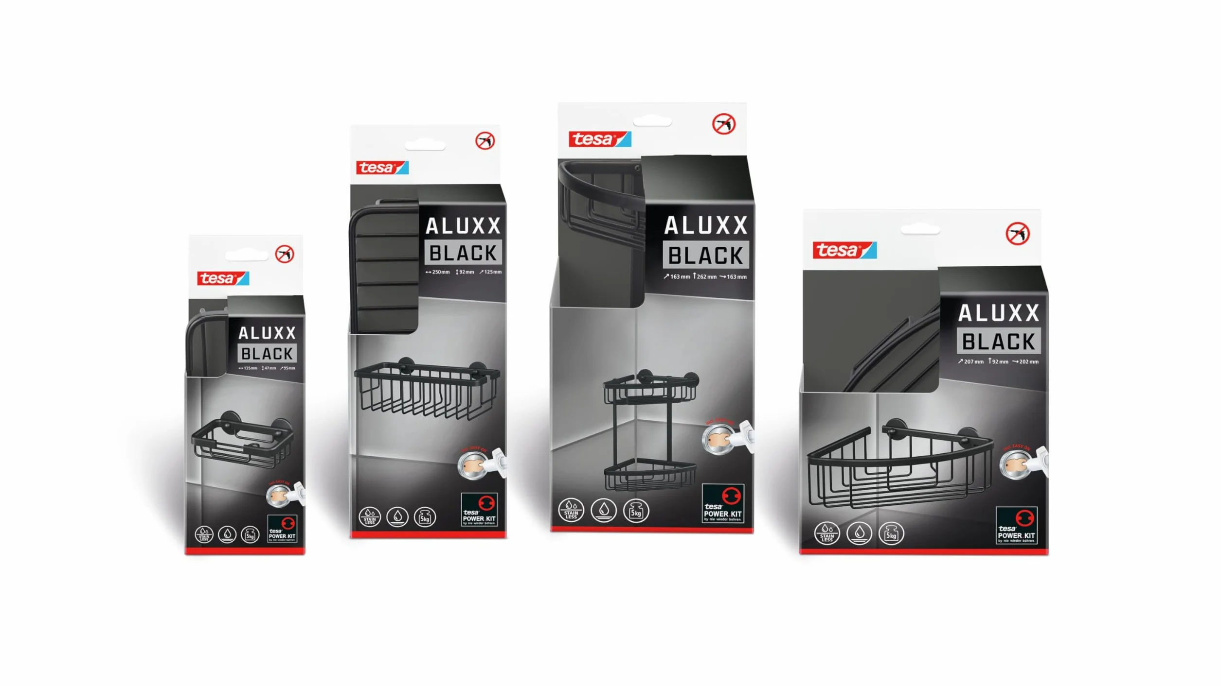 tesa Aluxx Black Mydelniczka Ścienna, Czarny Mat, do Łazienek, w Stylu Industrialnym, Montaż na Masę Klejącą, 135 mm x 46 mm x 95 mm