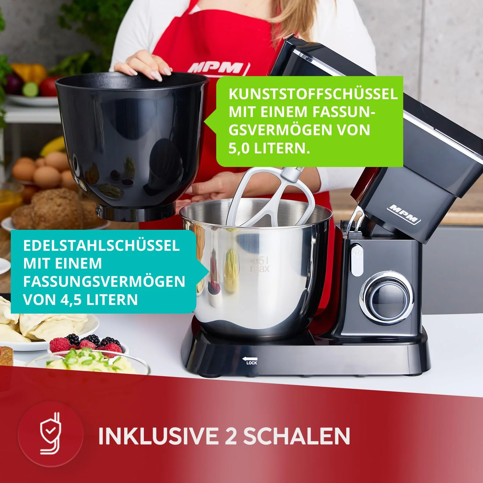 MPM Planetarna Maszyna Kuchenne MRK-24 – Wielofunkcyjny Mikser Kuchenny 4,5 l – Wszechstronne Urządzenie Kuchenne 1400 W – Dwie Misy – W zestawie Maszynka do Mięsa i Blender