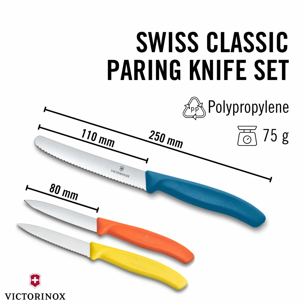 Victorinox Swiss Classic 3-częściowy zestaw noży kuchennych do warzyw, pomidorów i musli, wytrzymały uchwyt z tworzywa sztucznego, stal nierdzewna, kolorowy