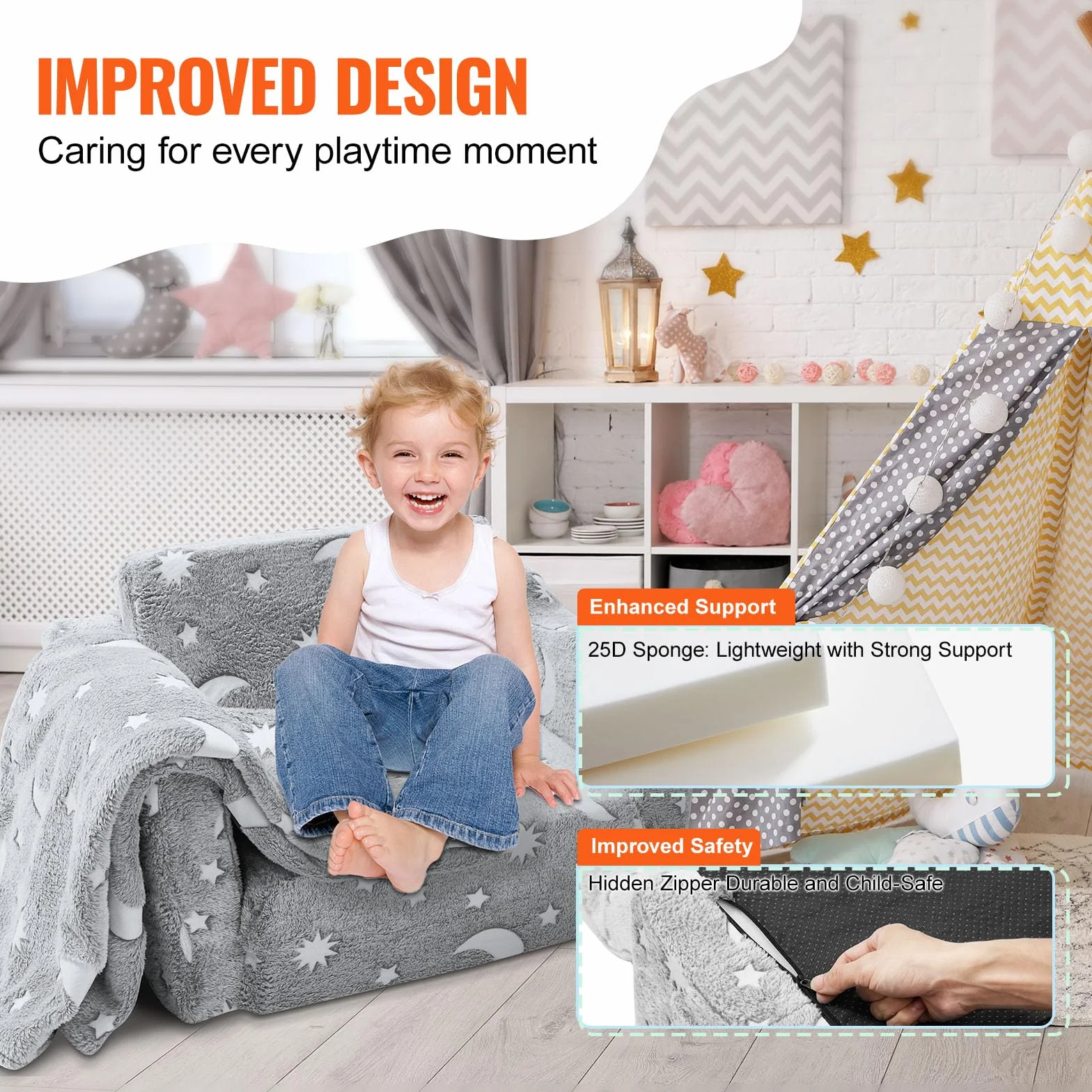 VEVOR Składana sofa dla dzieci, fosforyzująca sofa, rozkładana sofa dla dzieci 2 w 1, bardzo miękka rozkładana sofa do siedzenia i spania, do sypialni.
