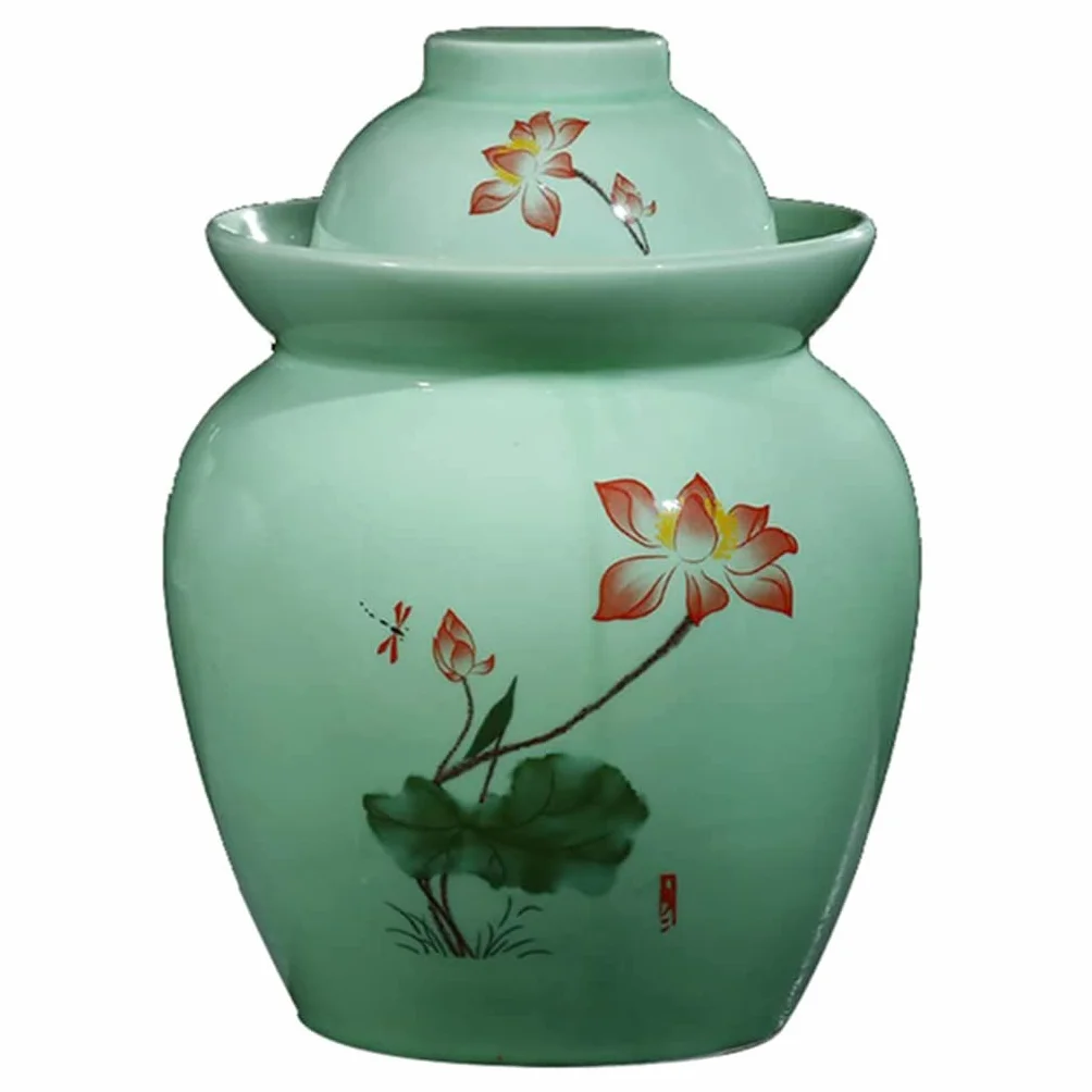 Zagęszczony ceramiczny słoik fermentacyjny, zielony wzór porcelanowy słoik do wytrawiania, garnek kimchi z pokrywką ceramiczne przechowywanie żywności zamknięte pojemniki, uszczelka wodna