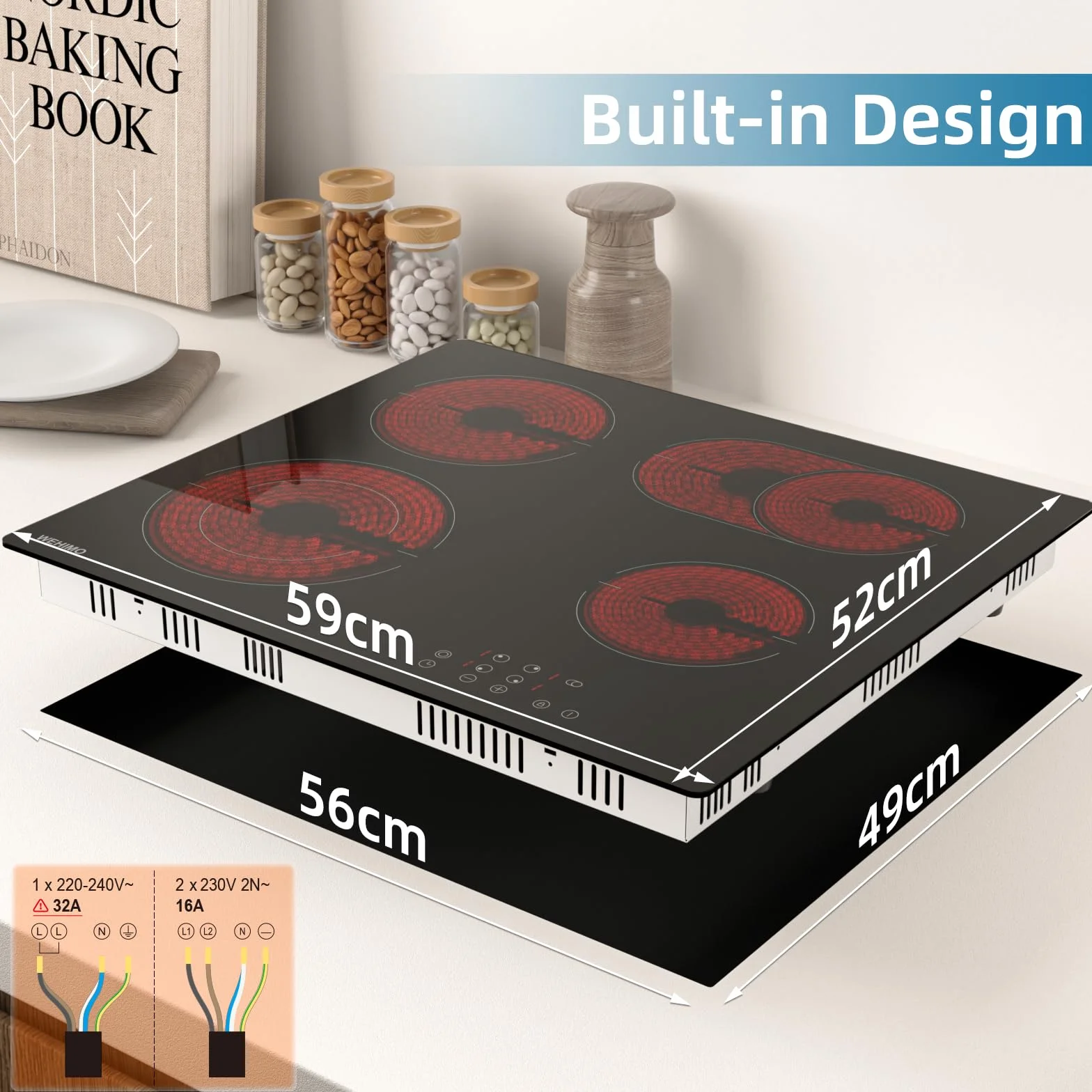 WEHIMO Płyta grzewcza ze szkła ceramicznego, 4 płyty, płyta szklano-ceramiczna 60 cm, 7200 W, 4 strefy grzewcze z podwójną strefą grzewczą, 9 stopni, zabezpieczenie przed dziećmi, timer, do zabudowy