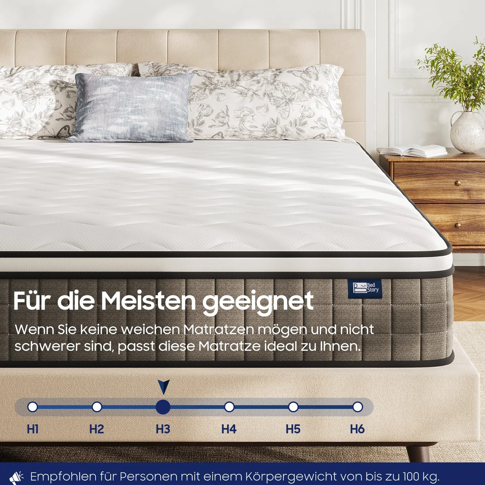 BedStory Materac sprężynowy z kieszonkowym rdzeniem sprężynowym 120 x 200 cm, stopień twardości 3/H4, 20 cm, Oeko-TEX, ciemnoszary