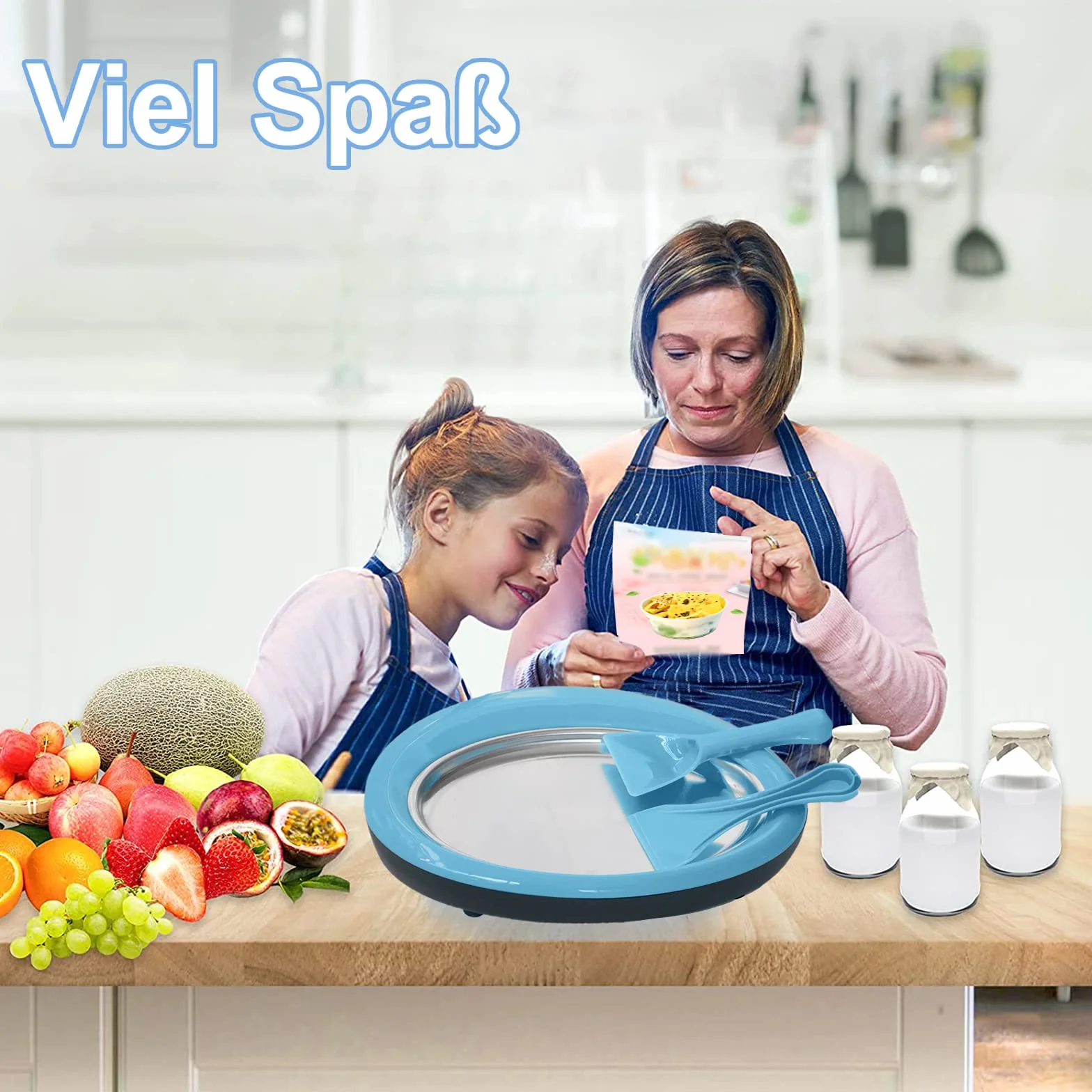 Maszyna do lodów, DIY rękodzieło, stal nierdzewna, jakość spożywcza, maszyna do lodów rolowanych, płyta lodowa z 2 szpatułkami, mrożony jogurt, sorbet, lody, niebieski, ręczny, pielęgnacja
