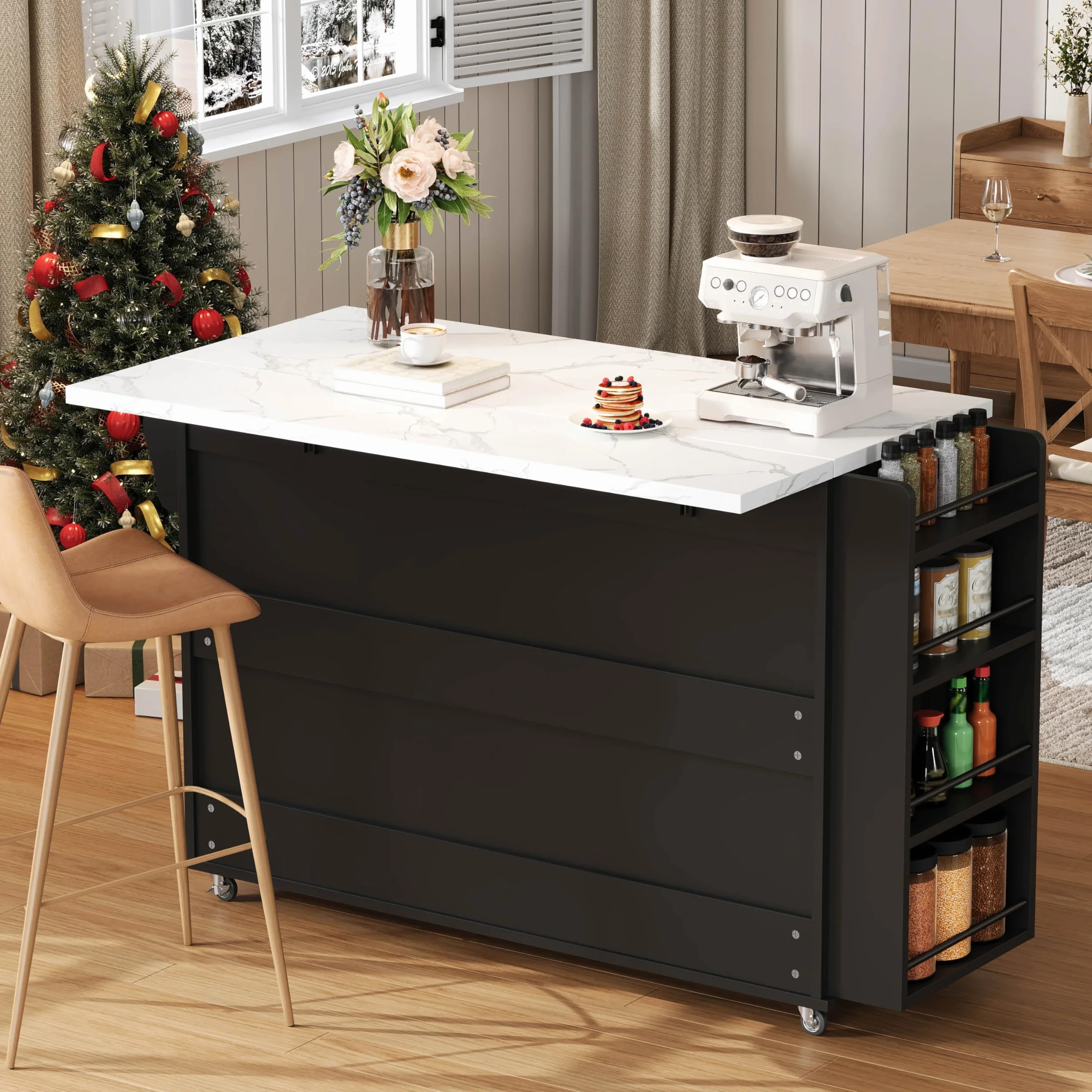 Mobilna wyspa kuchenna, wolnostojąca, 120 x 45 (70) x 90 cm, wózek kuchenny z rolkami, ze składanym obszarem roboczym, regał na przyprawy, drzwi szafy, organizer do szuflady na sztućce, do kuchni