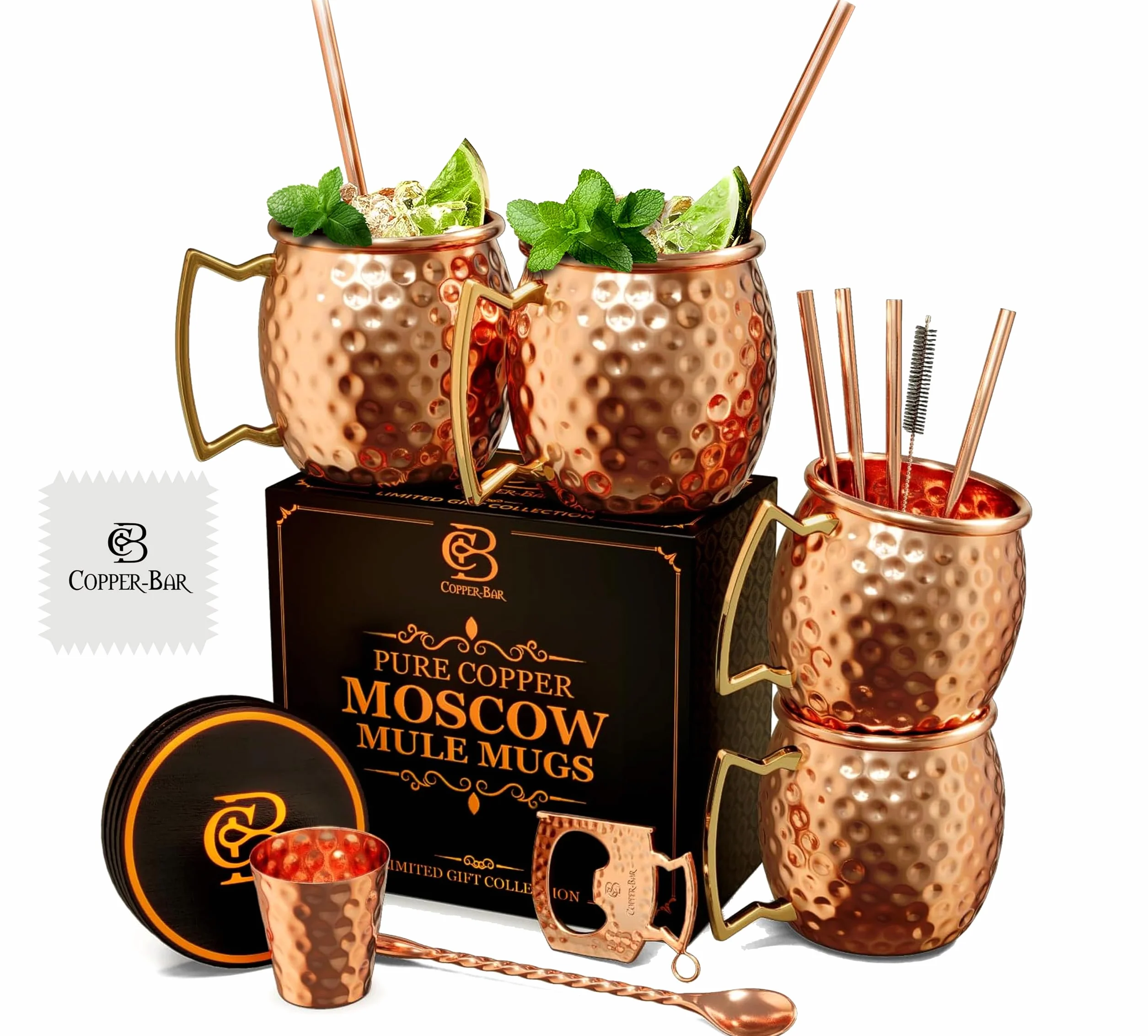 COPPER-BAR Moscow Mule miedziane kubki – unikalny ręcznie wykonany zestaw 4 sztuk, młotkowane przez rzemieślnika, 100% czystej litej miedzi kubki 470 ml do wody pitnej i koktajli, zawiera 19 szt