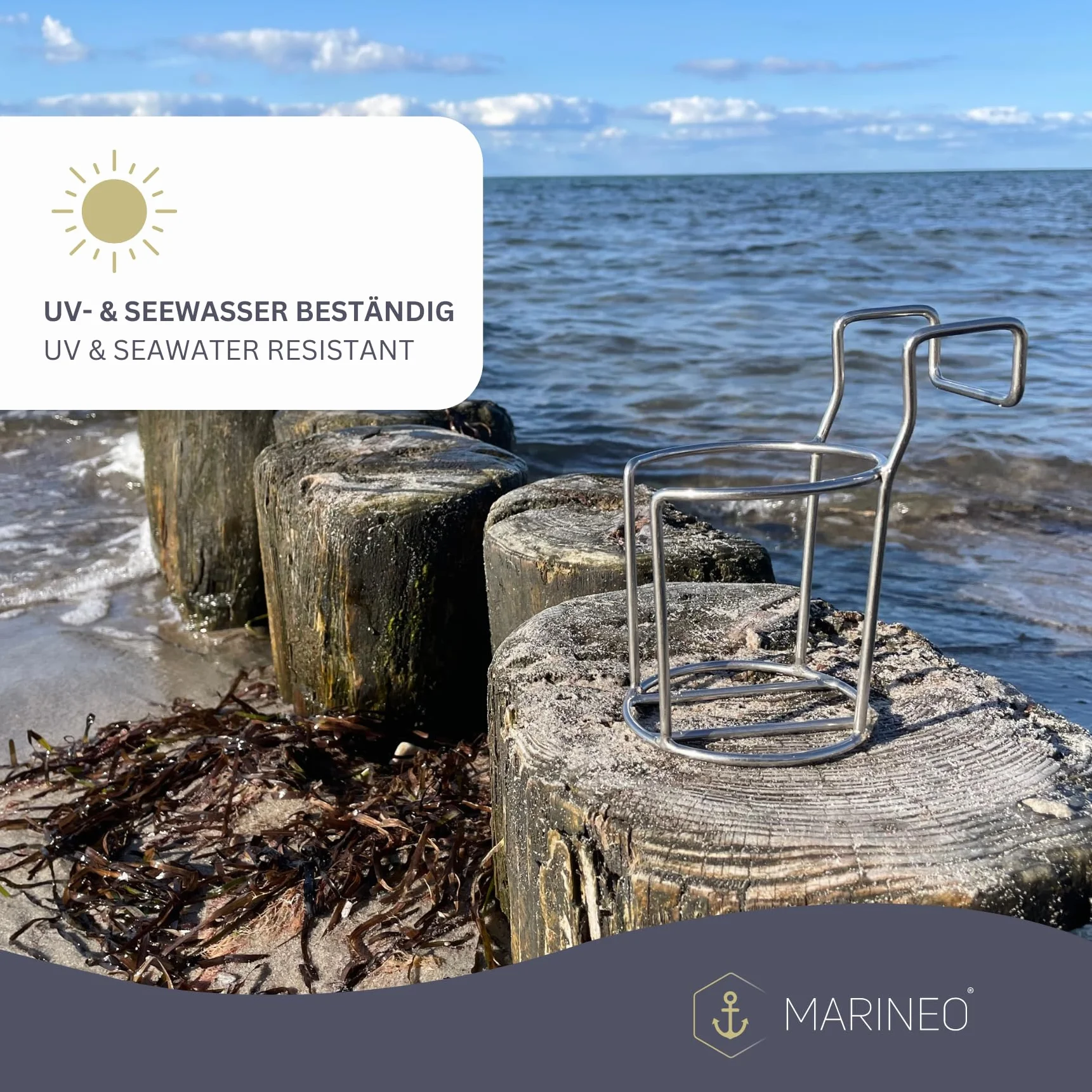 MARINEO Kosz plażowy, uchwyt na napoje, uchwyt na butelki, na kosze plażowe, na szklanki, kubki, butelki, stal nierdzewna, 2 sztuki