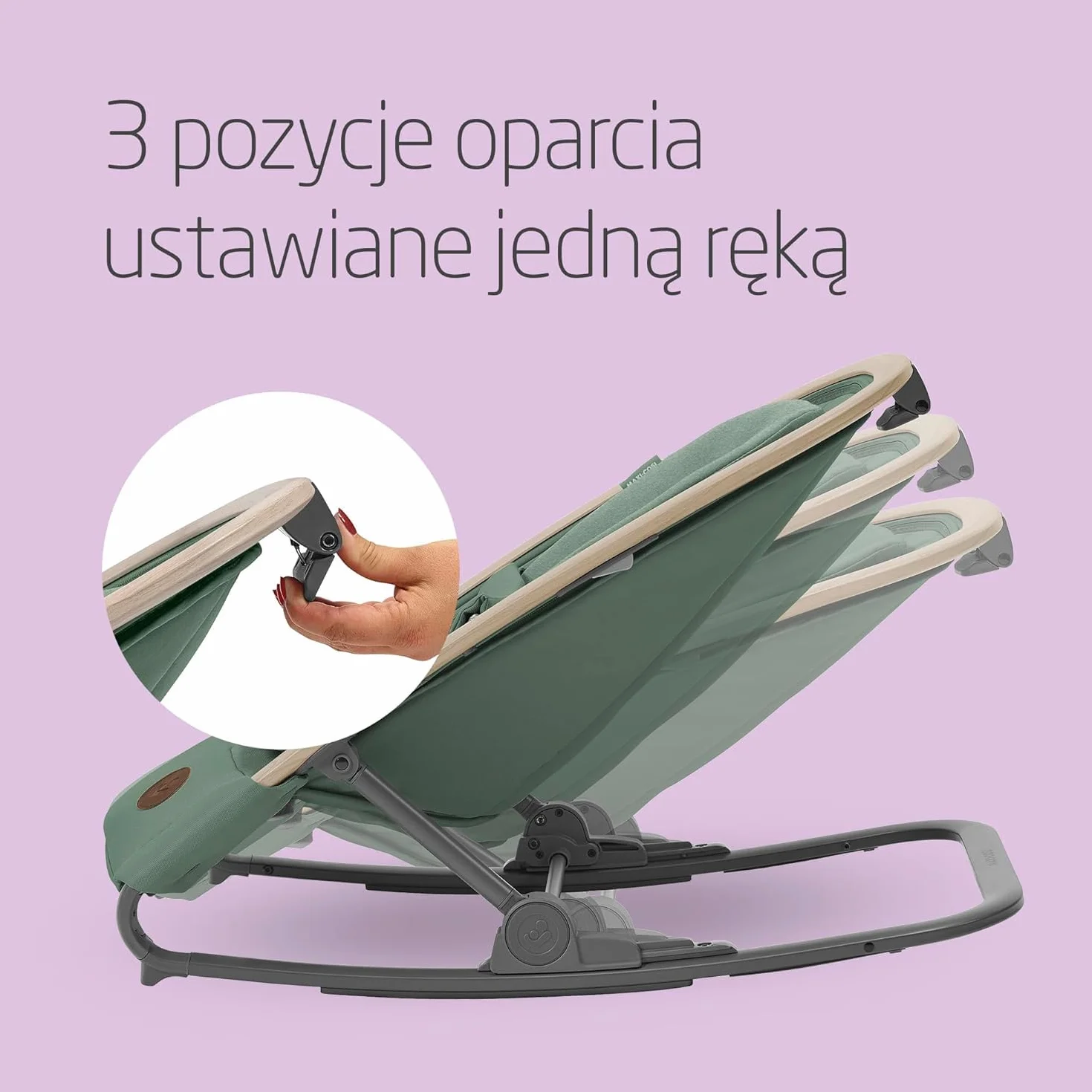 Maxi-Cosi Bujaczek leżaczek Kori 2 w 1 z łukiem z zabawkami, 0–2 lata, do 15 kg, bujaczek dla dziecka, 3 poz. odchylania jedną ręką, Uprząż Easy- in, Lekki i kompaktowy, Beyond Green