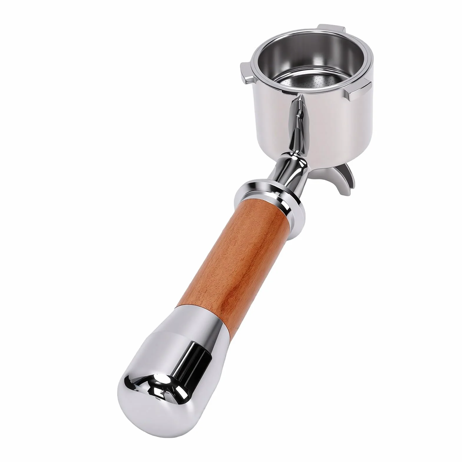 Uchwyt z Drewna Orzechowego 51 Mm Kolba |Ergonomiczna Wymiana Filtra do Kawy ze Stali Nierdzewnej Bez Dna dla Baristy (z dolną podwójną wylewką i trzema uszami)