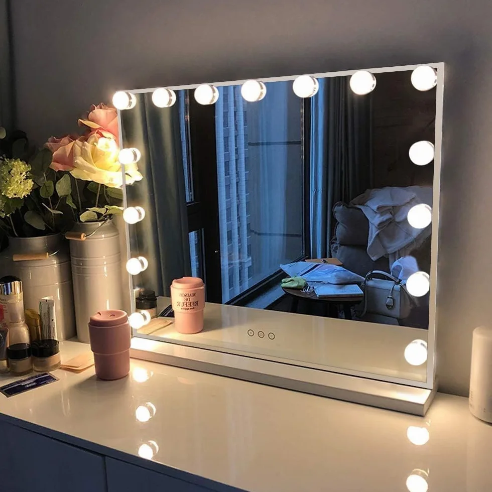 FENCHILIN Vanity Hollywood lusterko do makijażu z oświetleniem LED typu C i portem ładowania USB, 15 ściemniaczy, 3 tryby świecenia, lusterka do makijażu, montowane na ścianie, białe, 58 x 48 cm