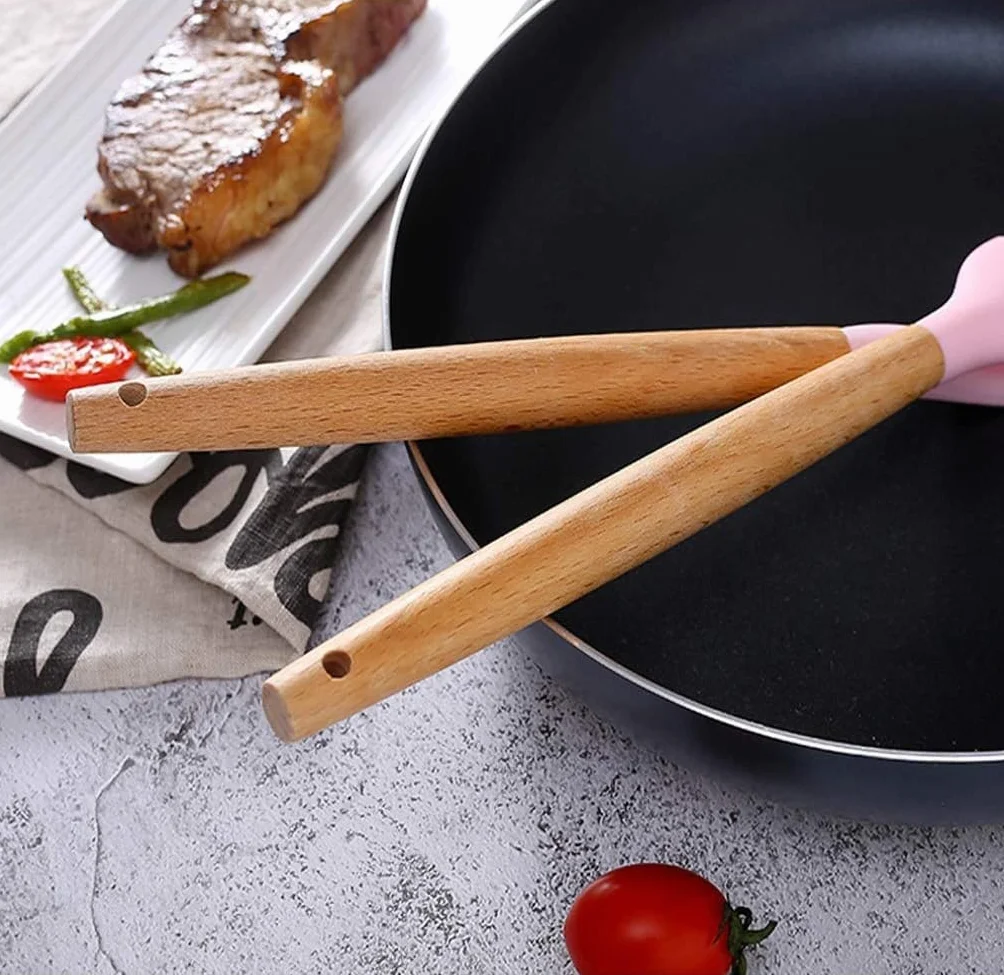 9 szt. Zestaw przyborów kuchennych Silikonowe przybory kuchenne - Odporne na ciepło narzędzia Drewniana rączka Łyżki Trzepaczka Urządzenia do gotowania Kucharz,Łyżka do gotowania