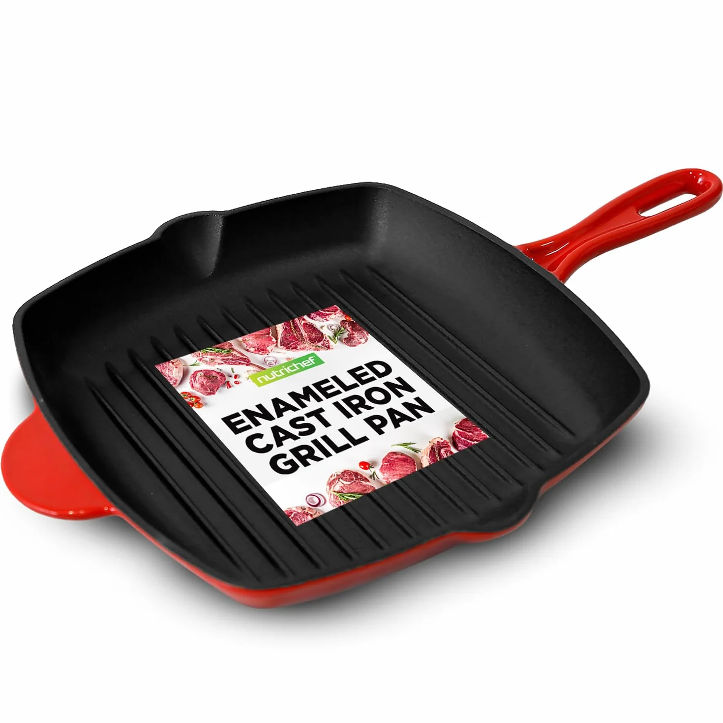 NutriChef Nieprzywierająca żeliwna patelnia grillowa – 28 cm, kwadratowa żeliwna patelnia, emaliowana patelnia do steków, z boczną wylewką ociekową do kuchenek elektrycznych, indukcyjnych, gazowych