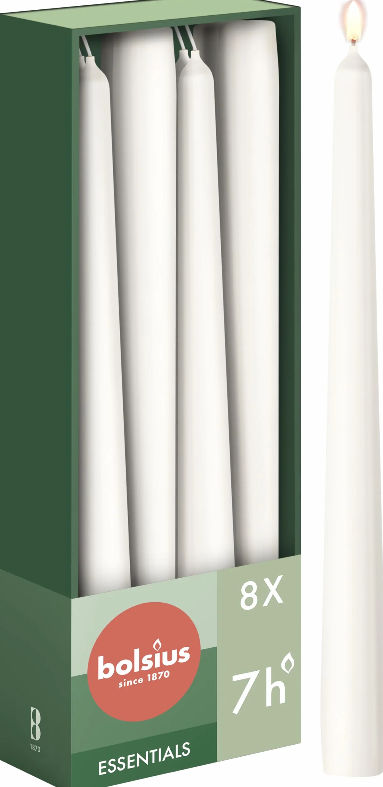 Bolsius Świece gładkie - białe – 8 sztuk w kartonie – dekoracyjne świece do gospodarstwa domowego – czas palenia 7 godzin – nieperfumowane – zawierają naturalny wosk roślinny – bez oleju palmowego –