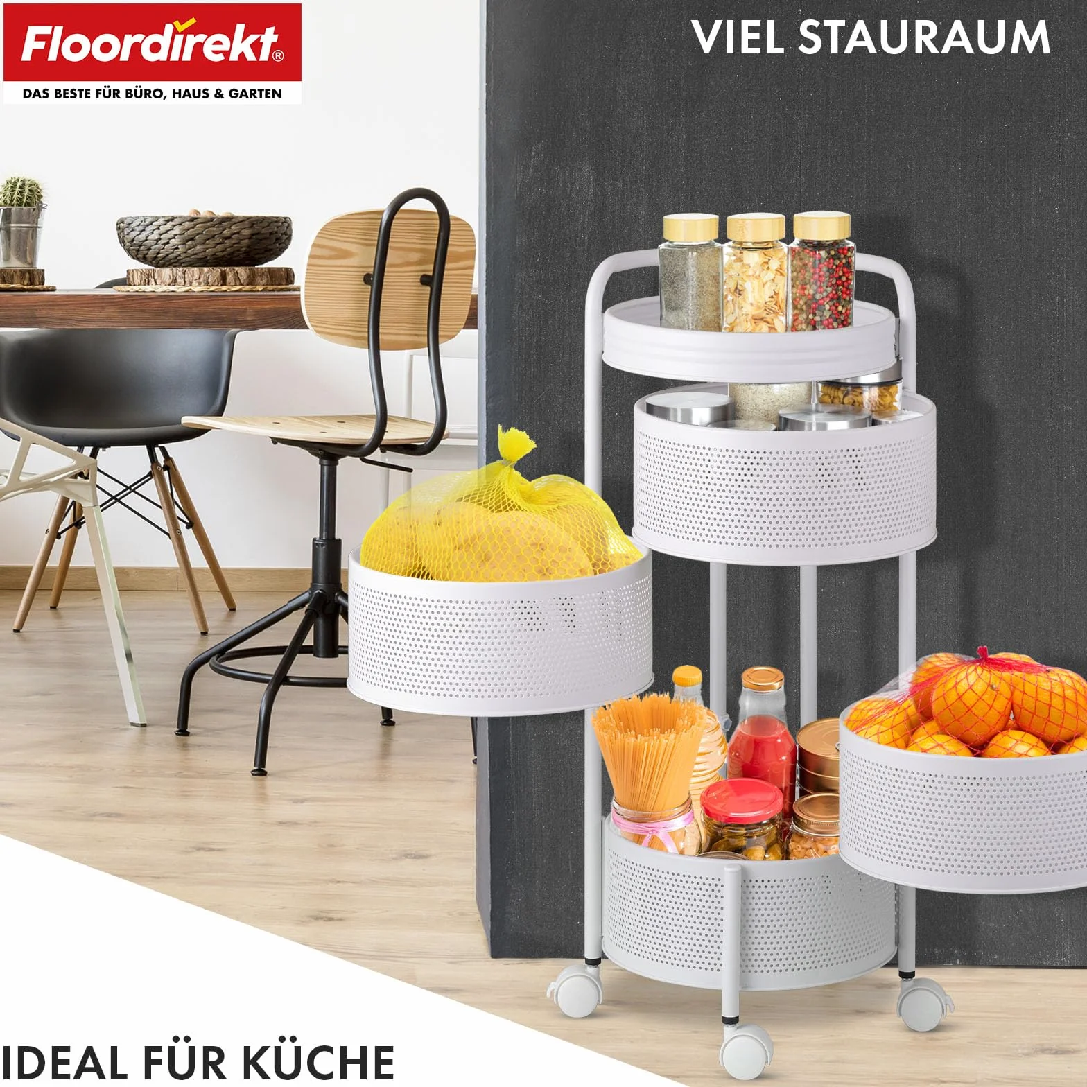 Floordirekt Wózek kuchenny, okrągły, regał kuchenny, regał na warzywa z kółkami, wózek na owoce, wózek do przechowywania do kuchni, łazienki, salonu, pokoju dziecięcego – Henry (4 poziomy)