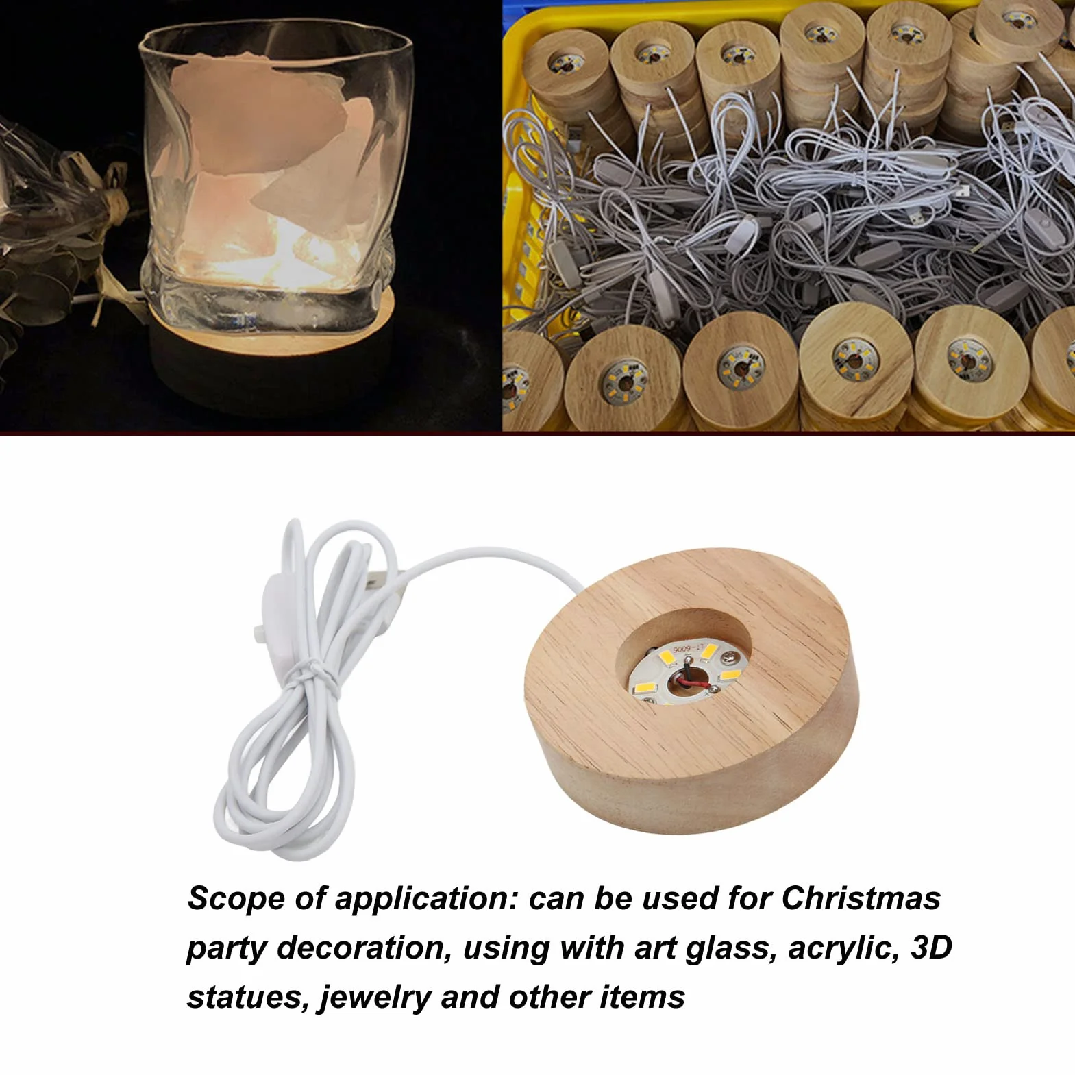Drewniana Podstawa Wyświetlacza LED, Podstawa światła LED USB Wygodna i Praktyczna, Drewniana Podstawa Wyświetlacza LED do Sztuki żywicy ze Szkła Kryształowego 3D (ciepła, jasna