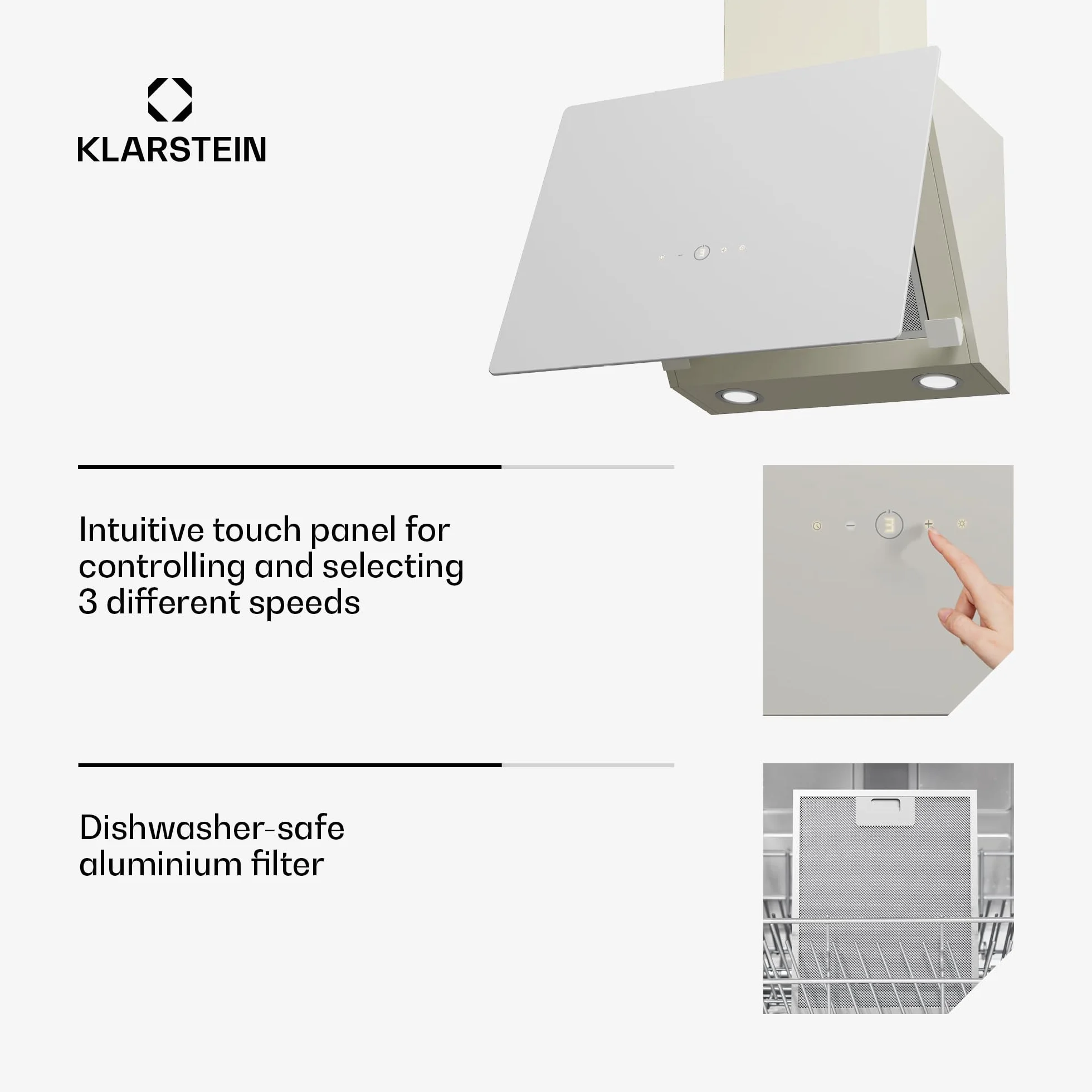 Klarstein MaxAir okap kuchenny – kompaktowy i wydajny, przepływ powietrza 183-336 m³/h, wydajność energetyczna A++, obsługa dotykowa, oświetlenie LED, przepływ i obieg, krem vintage