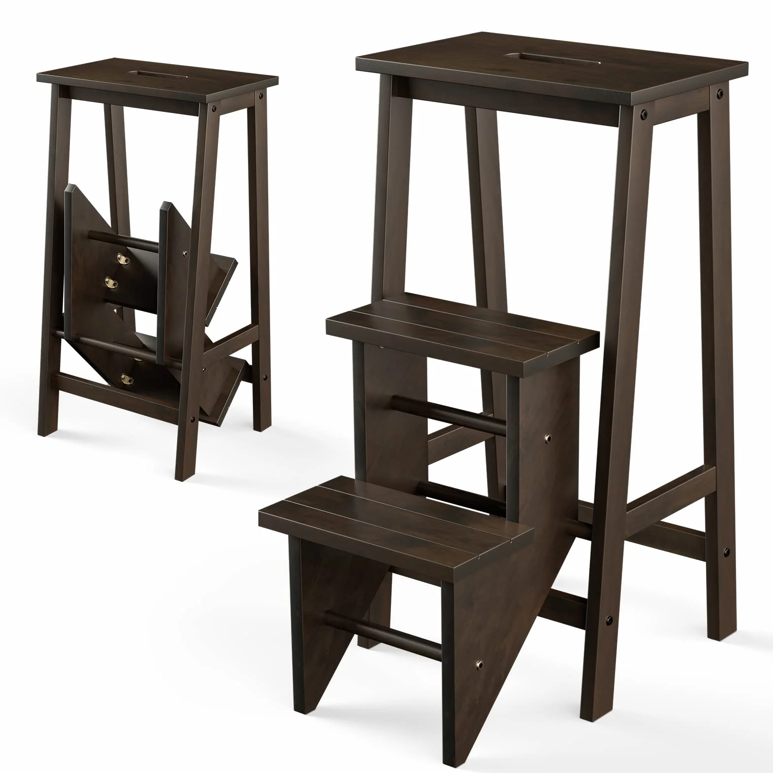 COSTWAY Taboret, drabina z 3 stopniami, składana, z uchwytem, do 310 kg, drabina domowa z litego drewna, antypoślizgowa, taboret do domu, biura, kuchni (ciemnobrązowy)