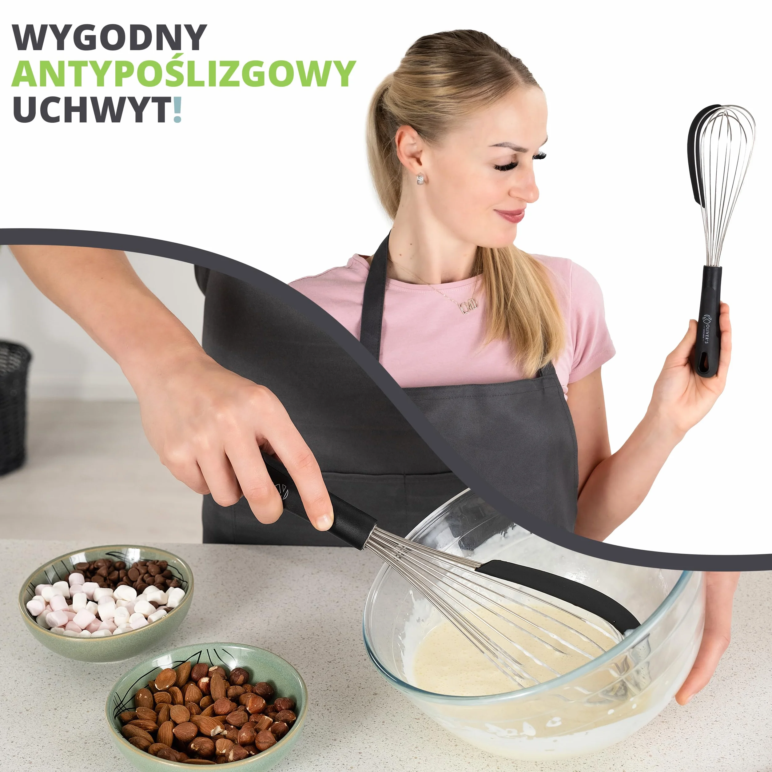 Oliver's Kitchen ® Trzepaczka do Jajek z Silikonowym Skrobakiem – Ubijaczka do Mleka Idealna do Gotowania i Pieczenia w Domu – Trzepaczka Kuchenna do Ubijania Piany, Masła, Białek – Wygodna Rączka