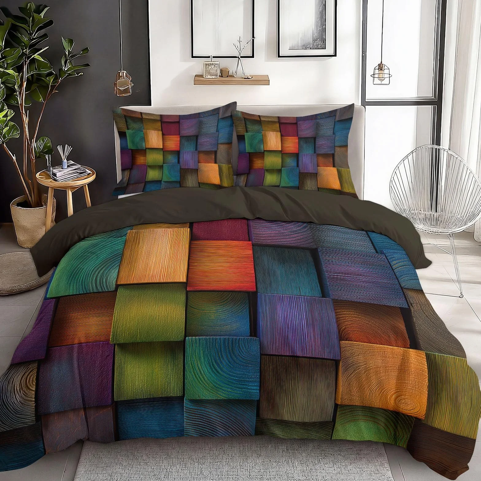 Générique Kolorowe drewniane klocki poszwa na kołdrę 220x200cm, zestawy pościeli z miękkiej mikrofibry abstrakcyjna geometria zestaw pościeli, zielony zestaw pościeli z 2 poszewkami na poduszki 65x65