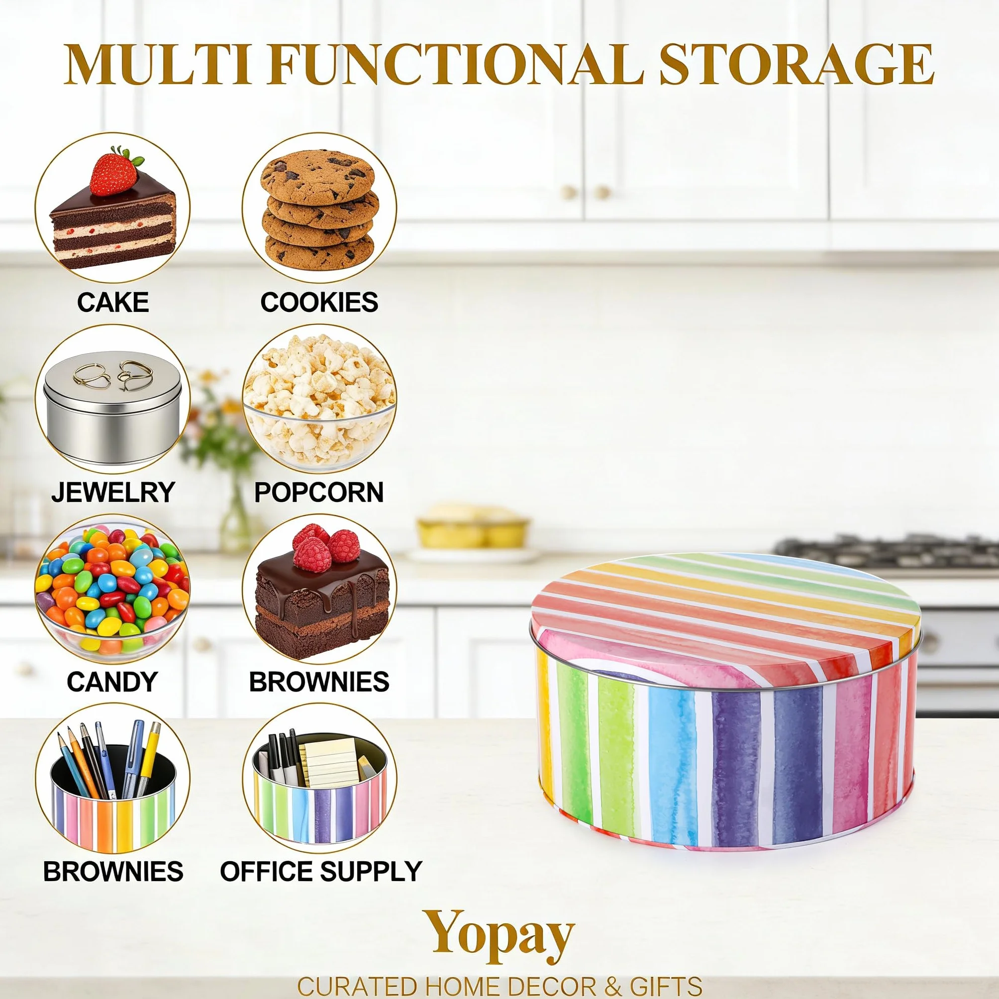 Yopay 3-pak puszek na ciasteczka, okrągłe puszki prezentowe do pieczenia ciast do przechowywania cukierni, artykułów rzemieślniczych, Wielkanocy, specjalnych okazji i świąt, wzór tęczy, szerokość 18