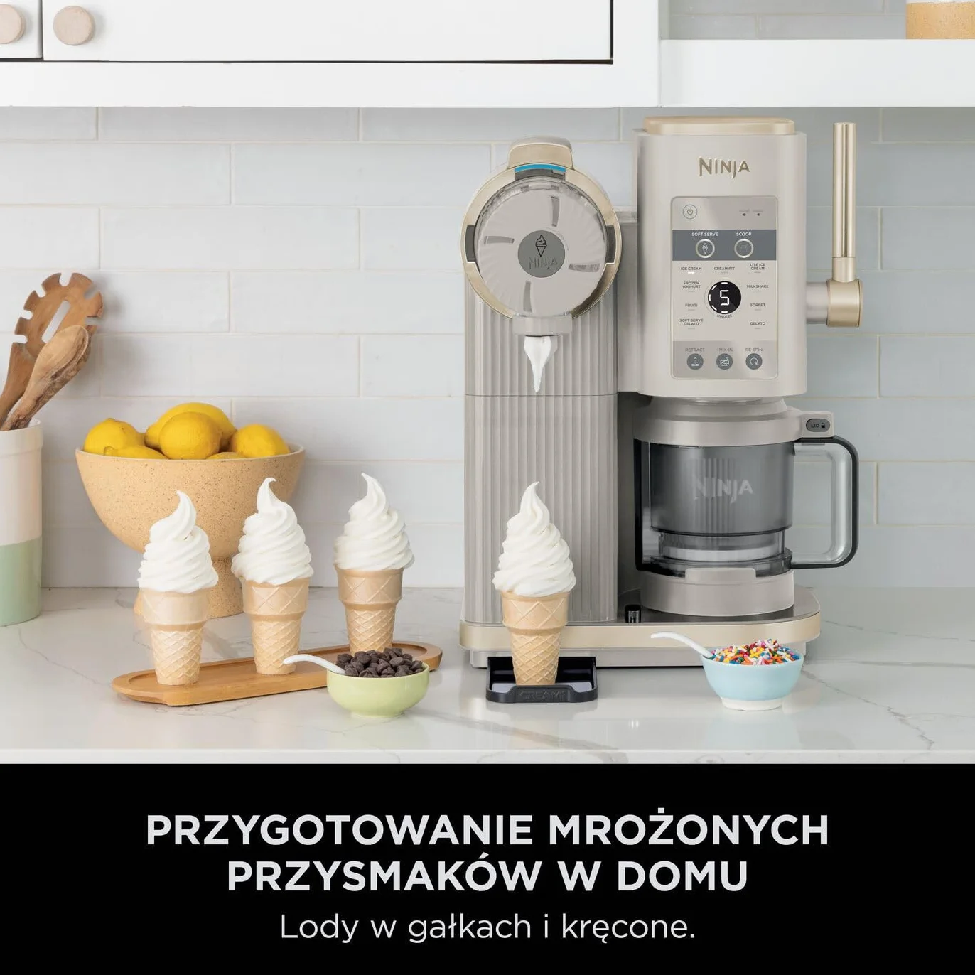 Ninja NC701EUSTGD Maszyna do lodów CREAMi Scoop and Swirl 13 funkcji, 2 pojemniki, kamienne złoto