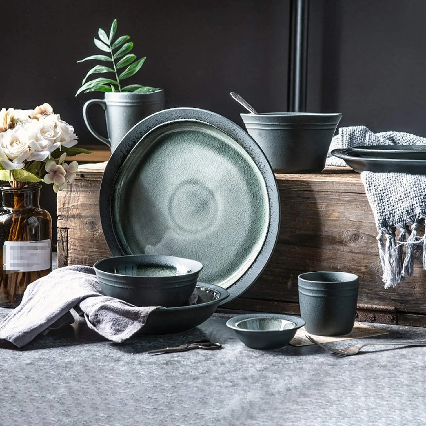Stylowe talerze obiadowe, zestawy porcelanowej zastawy stołowej, 32-elementowy zestaw obiadowy z ceramiki w stylu retro z glazurą lodową | Zestawy misek do płatków śniada