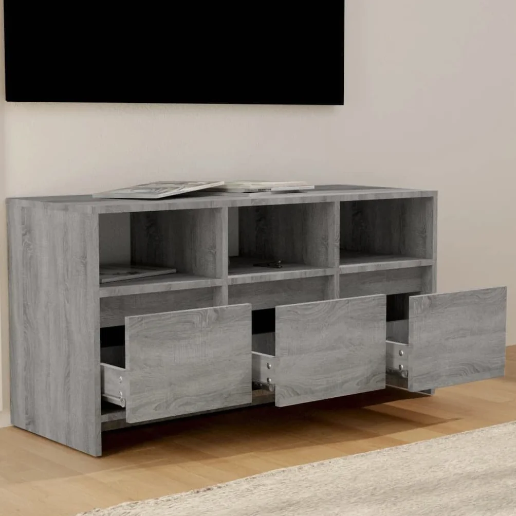 Générique Sonoma szafka pod telewizor szara 102x37,5x52,5 cm drewno inżynieryjne | 3 szuflady, 3 przegródki, przechowywanie DVD i konsoli, łatwe czyszczenie