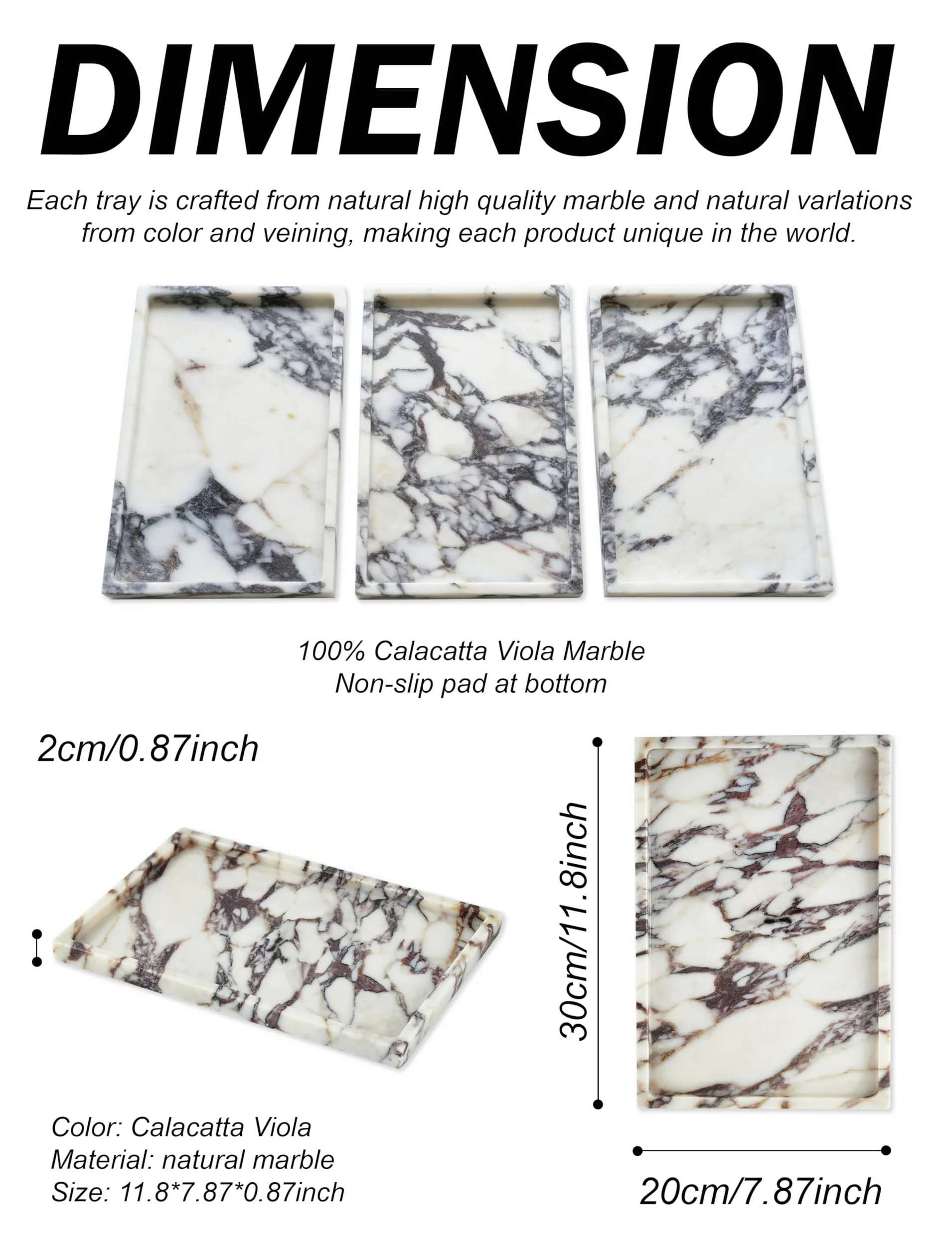 Denique Naturalna marmurowa taca na blat łazienkowy, taca do przechowywania kamienia do dekoracji wnętrz, 30 cm x 20 cm, prawdziwa calacatta altówka, marmurowa taca łazienkowa do komody kuchennej