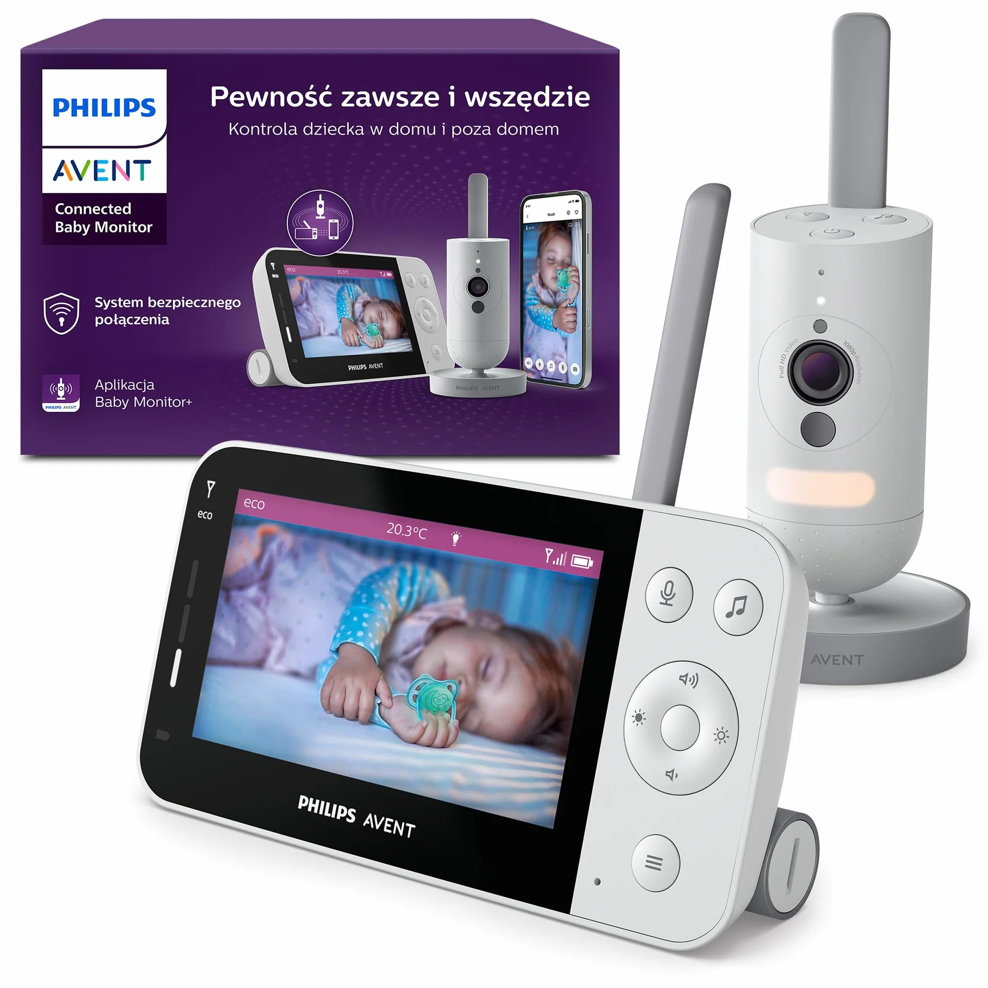 Philips AVENT Elektroniczna niania z łącznością Wi-Fi, wysokiej jakości kamerą HD, funkcją noktowizora, dwukierunkowym dźwiękiem i czasem pracy ekranu 12 godzin w trybie Eco, SCD951/26