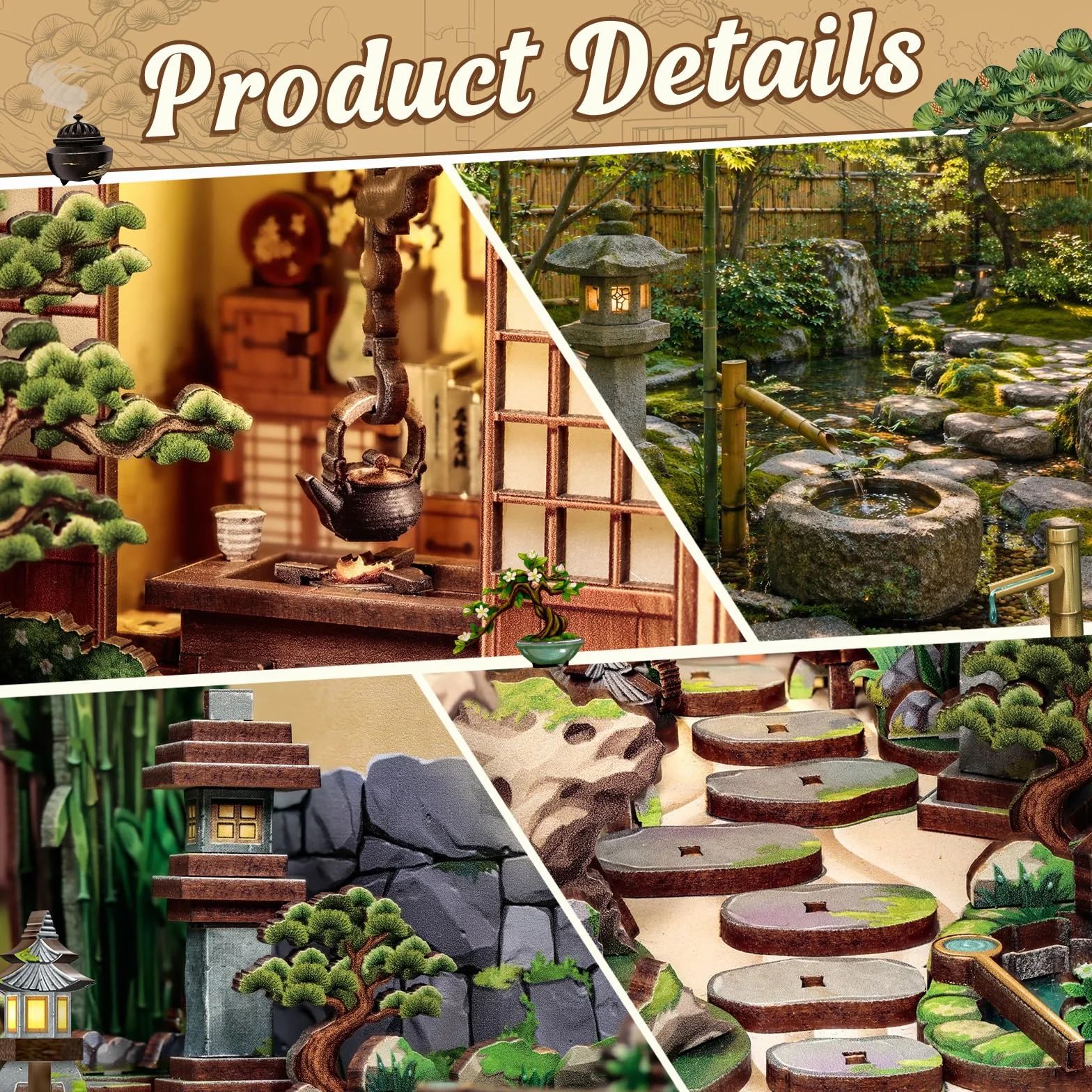 Cutefun Japoński zakątek książki, spokojny dziedziniec | Zestaw miniaturowy DIY dla dorosłych, Japonia 3D drewniane puzzle rękodzieło prezent dla kobiet