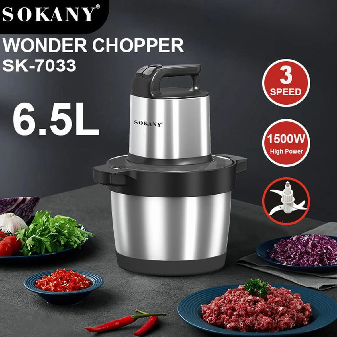 SOKANY Elektryczny rozdrabniacz kuchenny 1500 W z miską ze stali nierdzewnej 6,5 l, wielofunkcyjny rozdrabniacz z 3 poziomami prędkości, młynek do mięsa z 4 ostrzami do mięsa, cebuli, owoców, warzyw