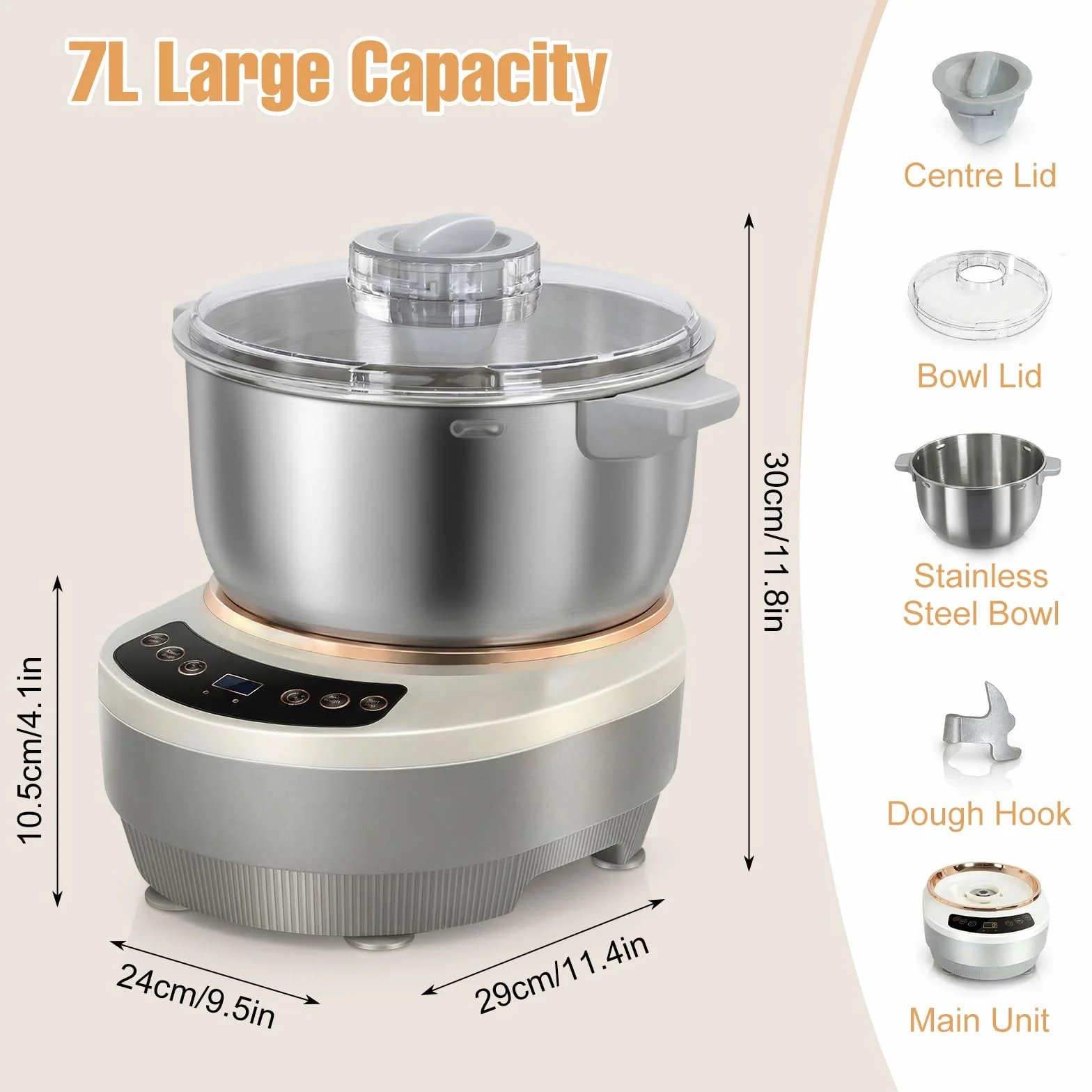Maszyna do ciasta o dużej pojemności 7 l, 200 W, ze stali nierdzewnej 304, do pieczenia, ugniatania ciasta z termostatyczną funkcją fermentacji (25-38°C), do ugniatania ciasta