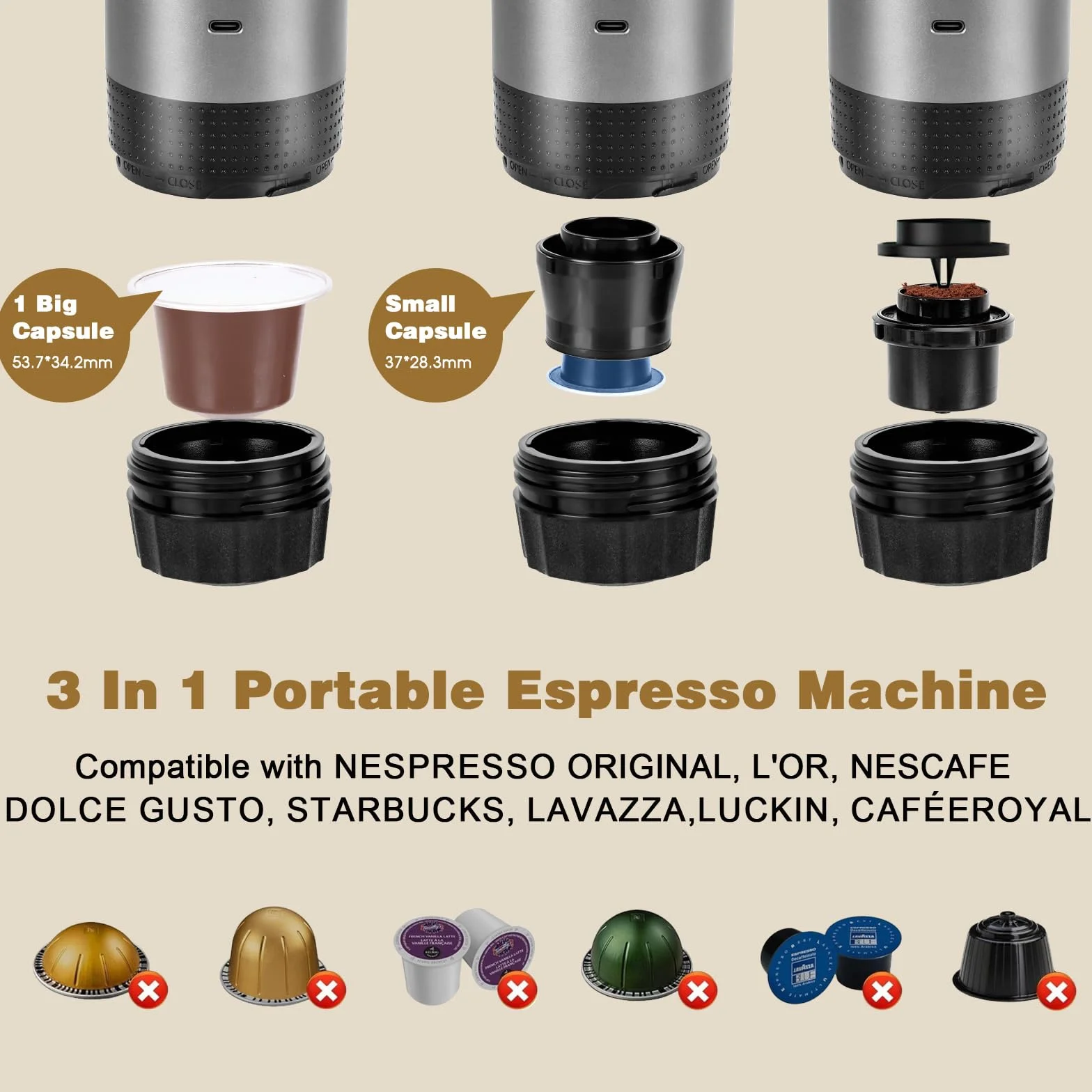 Przenośny ekspres do kawy, kompatybilny z małymi lub dużymi kapsułkami, Nespresso、L'OR i mieloną kawą, przenośny ekspres do kawy 3 w 1 z funkcją cyfrowego wyświetlacza, idealny na podróże i kemping