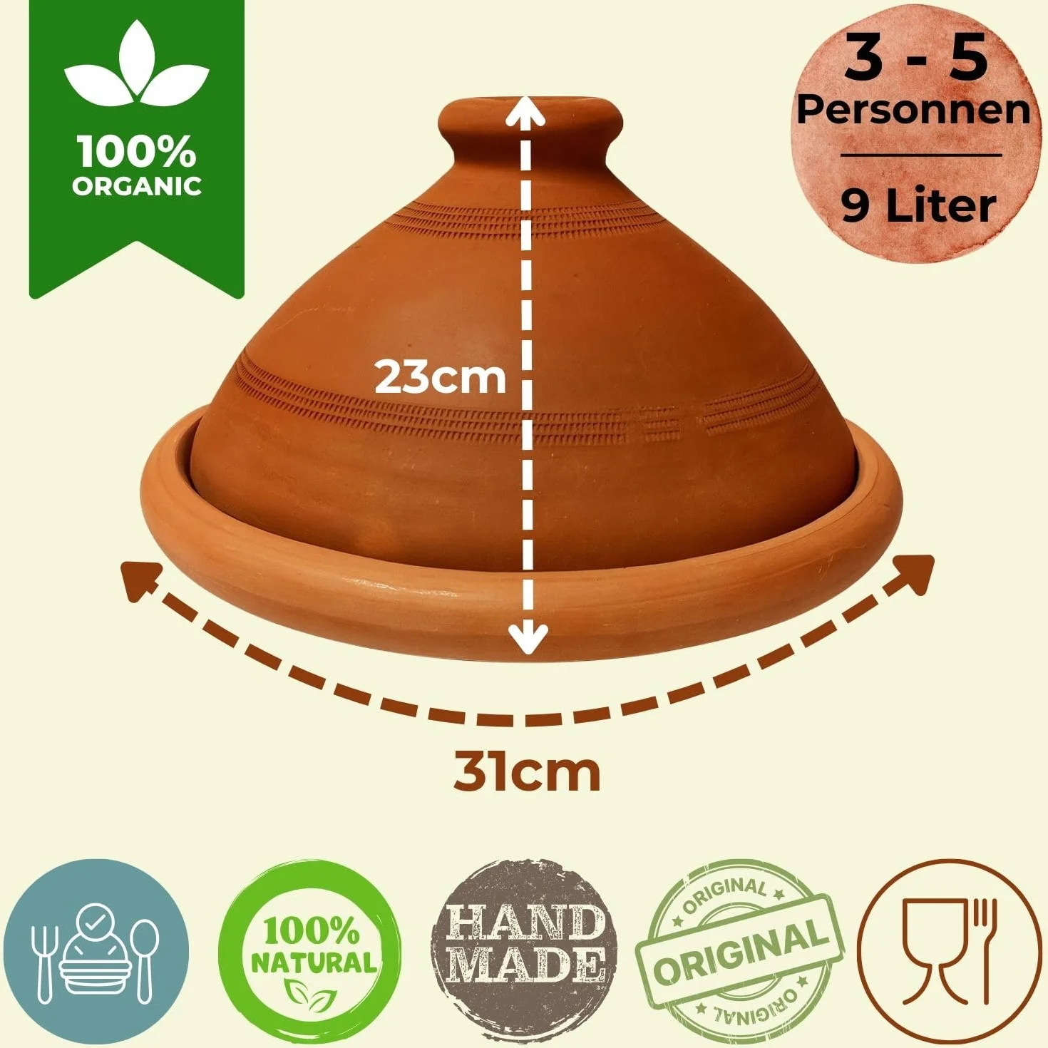Tajine, z Maroka, w tym książka kucharska kuchni północnoafrykańskiej, gliniany garnek do gotowania, tuareg, ręcznie wykonany z Marrakeszu, wolny od szkodliwych substancji, terakota, Ø 30 cm, dla 4-5