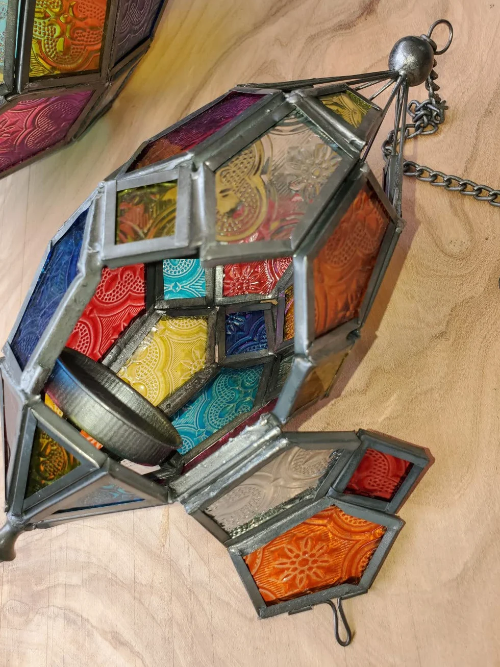 Wisząca szklana latarnia tealight w stylu marokańskim (duża zielona/niebieska)