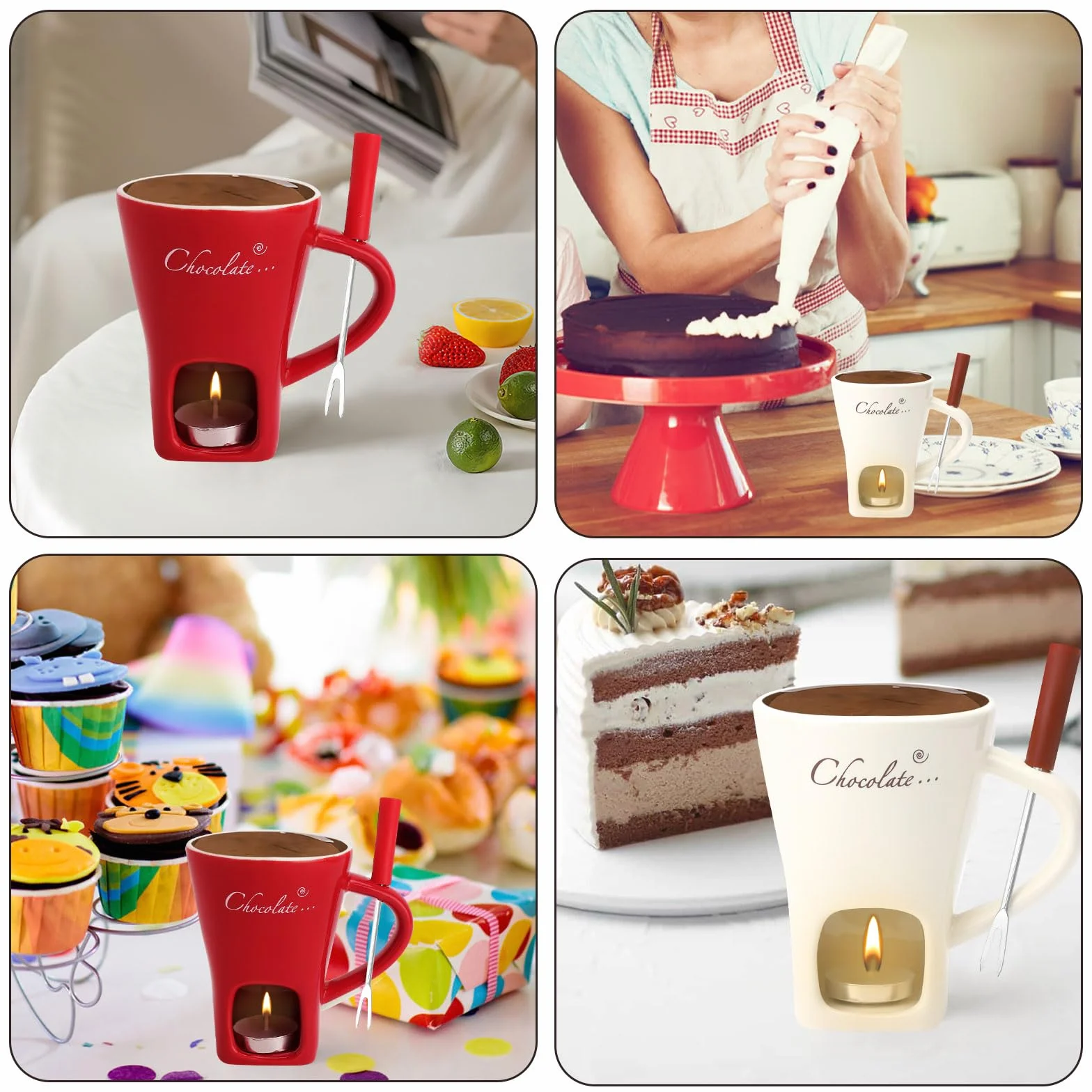 2 szt. czekoladowe fondue kubek ceramiczny 130 ml, czekoladowe fondue kubek z uchwytem na podgrzewacze, widelce, czekoladowe fondue, zestaw do fondue, czekolady, fondue, czekolady, fondue, zestaw do