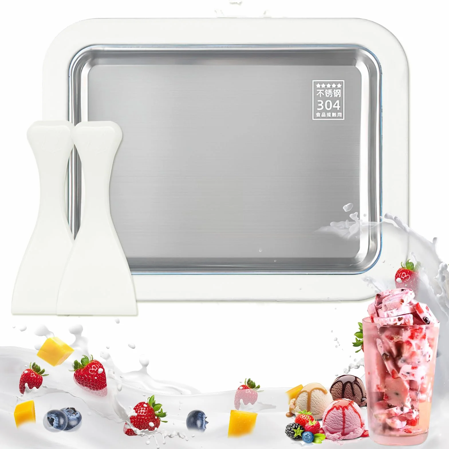 Płyta do robienia lodów, w zestawie z 2 szpatułkami Ice Cream Machine, Ice Rolls Maszyna, Maszyna do rolek lodowych ze stali nierdzewnej (White, 1)