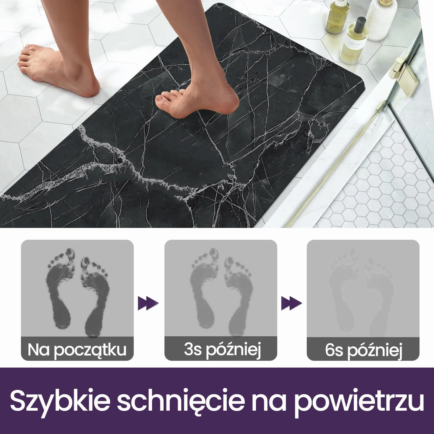 DEXI Antypoślizgowy dywanik łazienkowy 60 x 110 cm, super chłonna i zmywalna mata, szybkoschnące dywaniki pod prysznic, czarny
