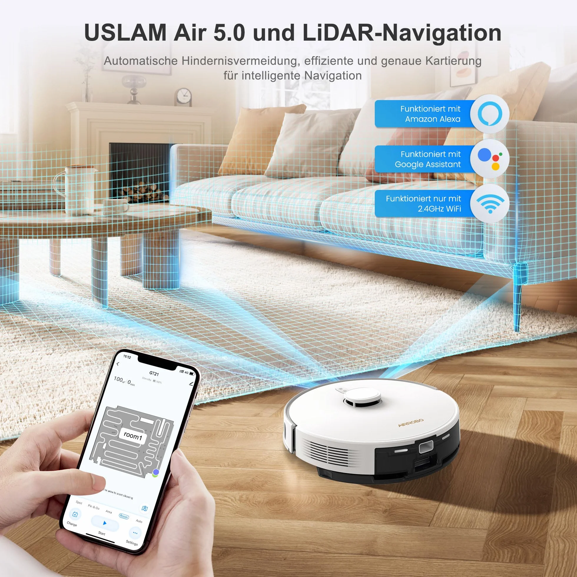 AIRROBO GT21 Robot Odkurzający z Funkcją Wycierania: Stacją Ssącą 3,5L | Nawigacja LiDAR | Czas Działania 180 Minut | Automatyczne Opróżnianie | Silna Siła Ssania | Kontrola Aplikacji