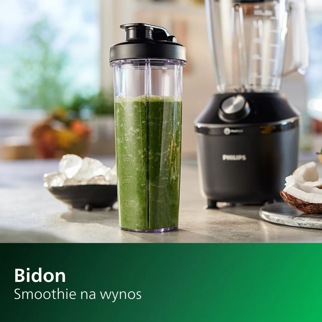 Philips Blender Kielichowy, Moc 450 W, Dokładne blendowanie - Technologia ProBlend, Pojemny dzbanek o pojemności 1,9 L, Butelka do smoothie w zestawie, Kolor Czarny (HR2041/41)