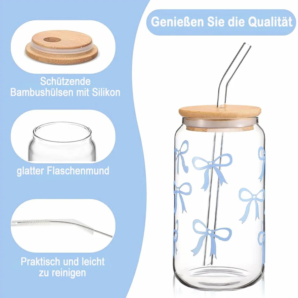 ze słomką i pokrywką, kubek do bubble tea ze szklaną słomką, 16 oz mrożona kawa, szklanka matcha z motywem kokardki, szklanki do coli na mrożoną kawę, koktajl (niebieska kokardka)