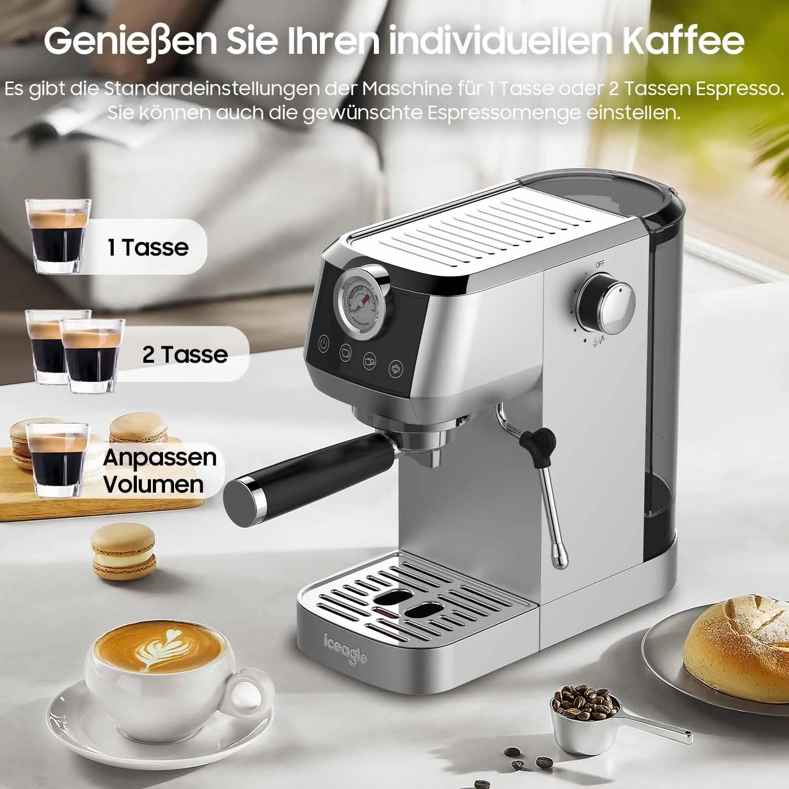 iceagle Ekspres do espresso CM1665B z włoską pompką 20 bar, sitko, stal nierdzewna, ekspres do kawy do cappuccino, latte, ekran dotykowy ze wskaźnikiem ciśnienia, zbiornik na wodę 1,3 l